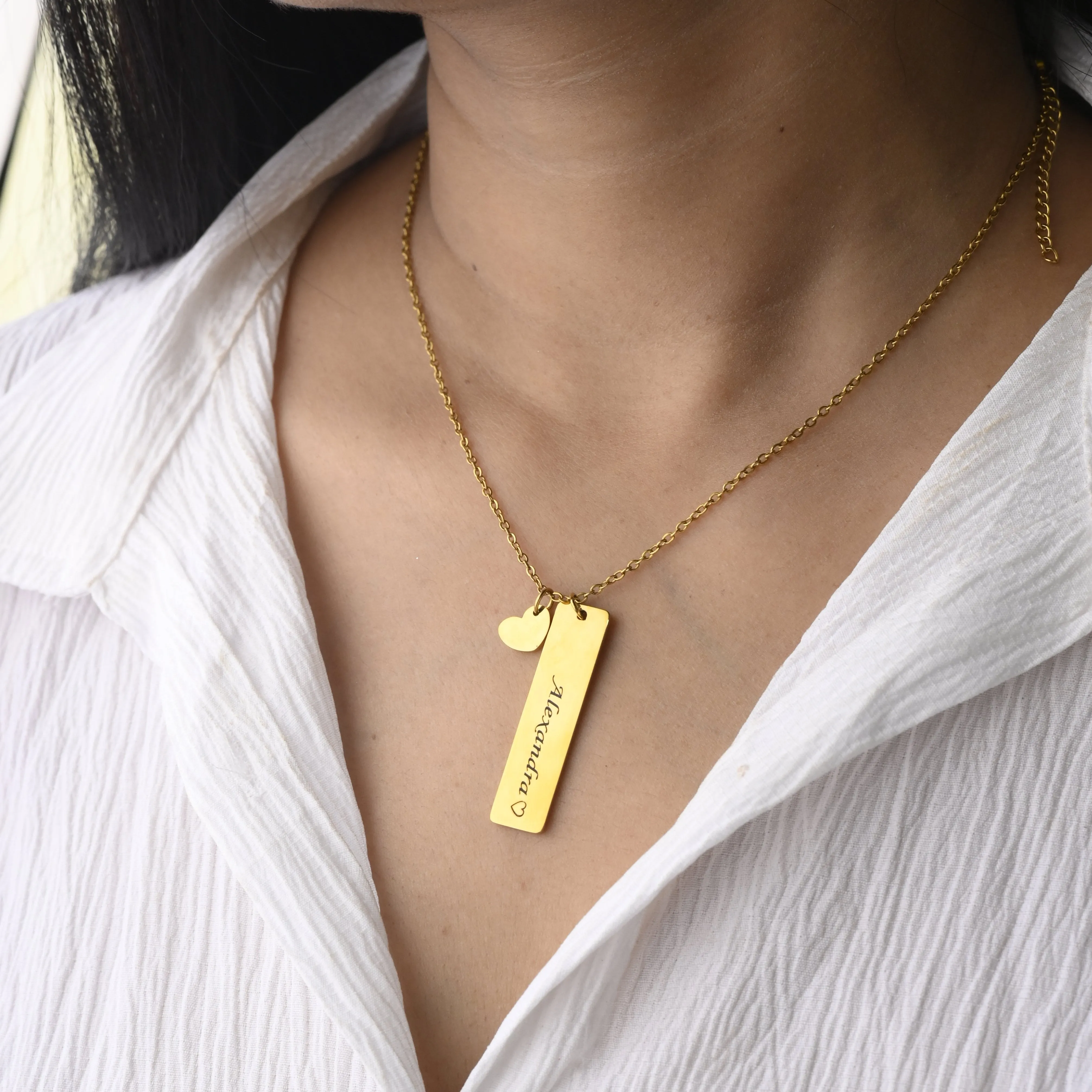 14K Gold-Filled Custom Bar Necklace • Engraved Custom Name Necklace • Personalized Necklace • Bar Pendant Necklace • Heart Necklace • Heart Pendant Necklace