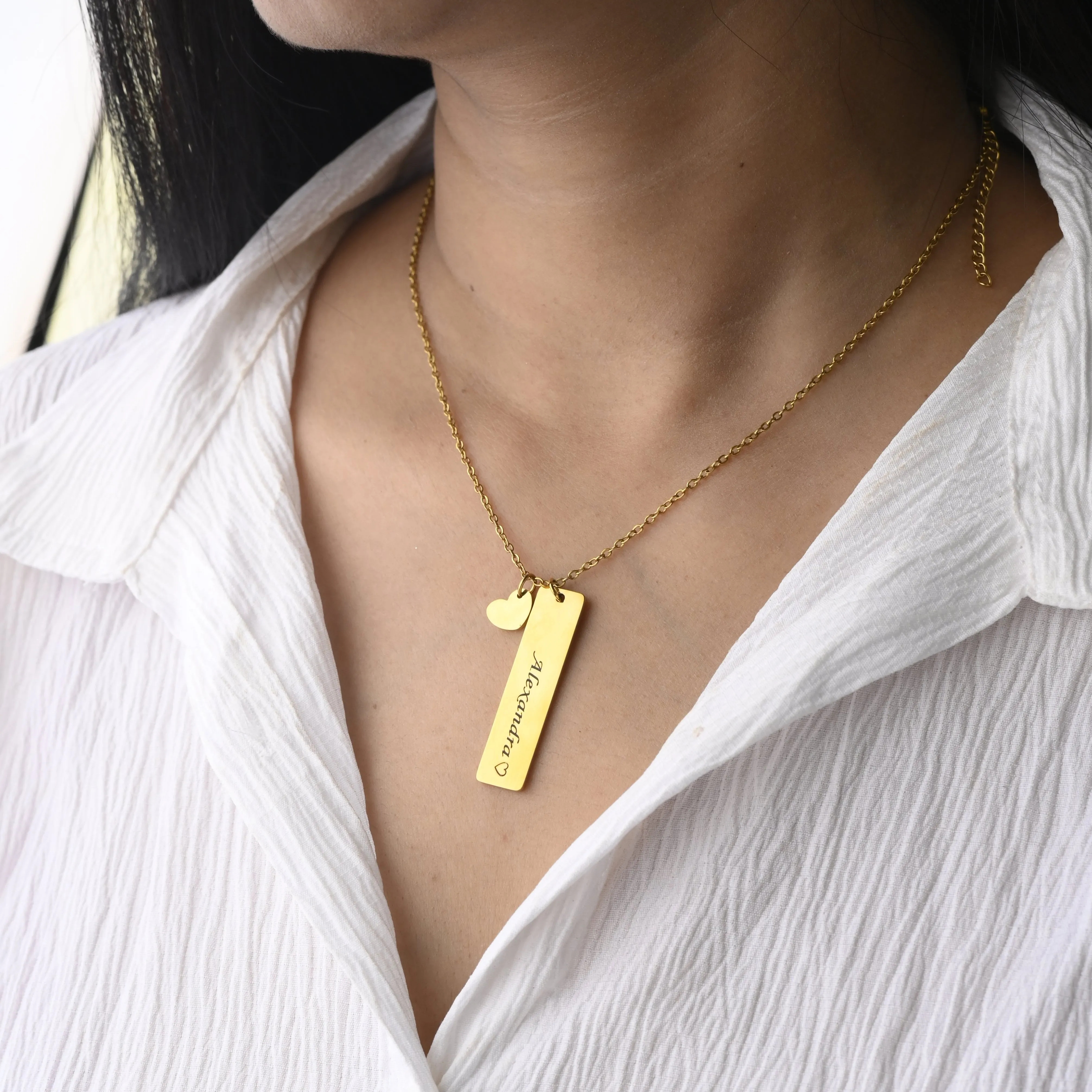 14K Gold-Filled Custom Bar Necklace • Engraved Custom Name Necklace • Personalized Necklace • Bar Pendant Necklace • Heart Necklace • Heart Pendant Necklace