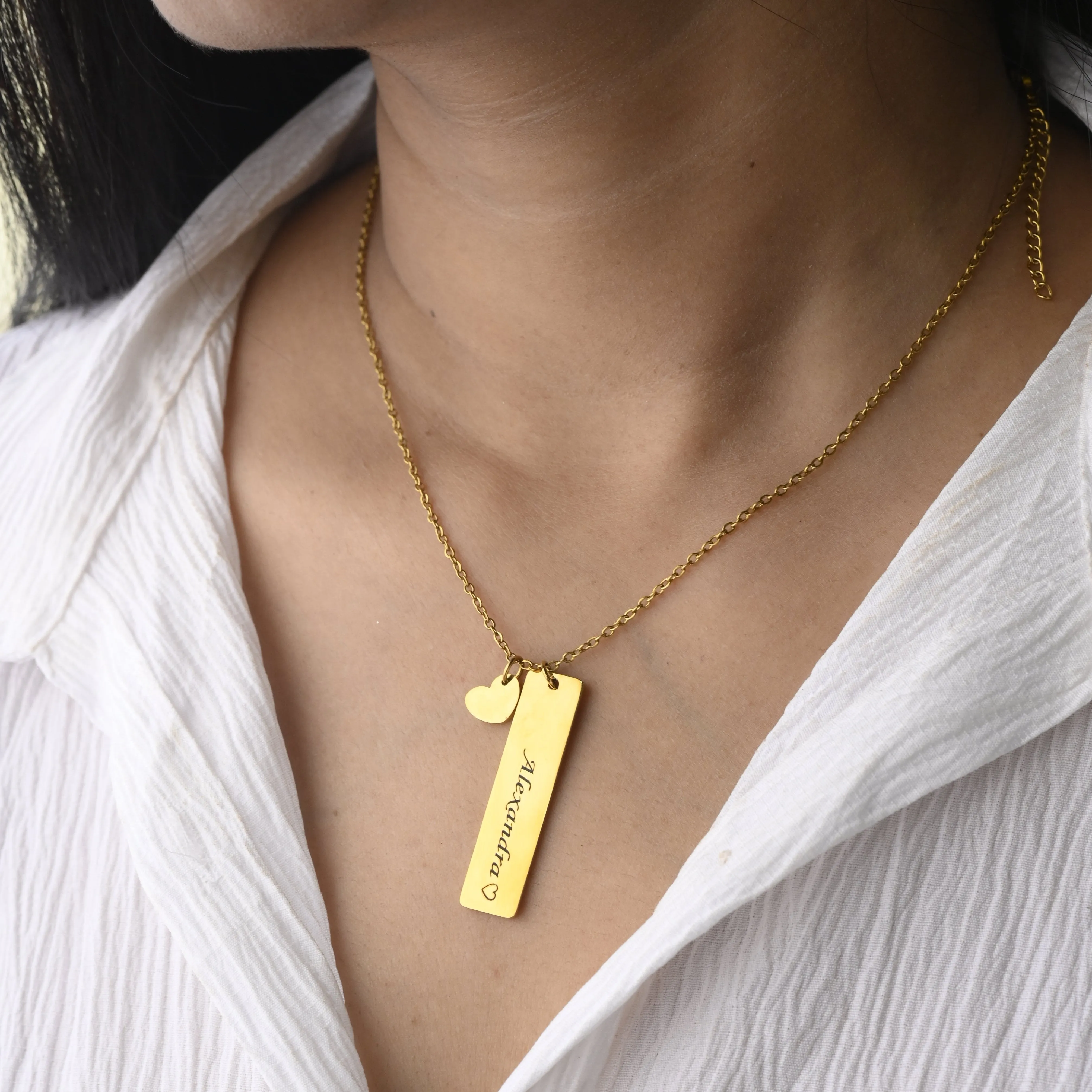 14K Gold-Filled Custom Bar Necklace • Engraved Custom Name Necklace • Personalized Necklace • Bar Pendant Necklace • Heart Necklace • Heart Pendant Necklace