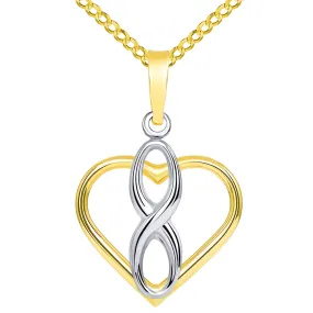 14k Two Tone Gold Vertical Infinity Sign in Open Heart Pendant with Cuban Necklace