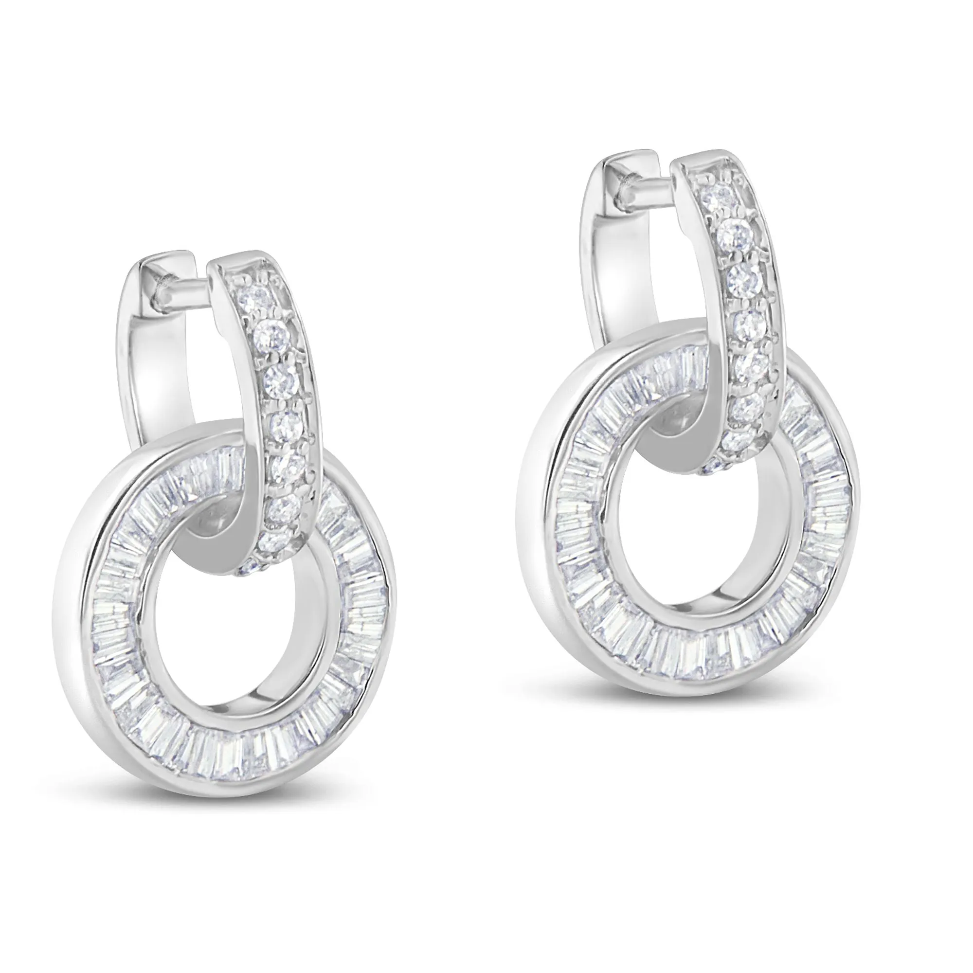 14k White Gold Round and Baguette Cut Diamond Earrings