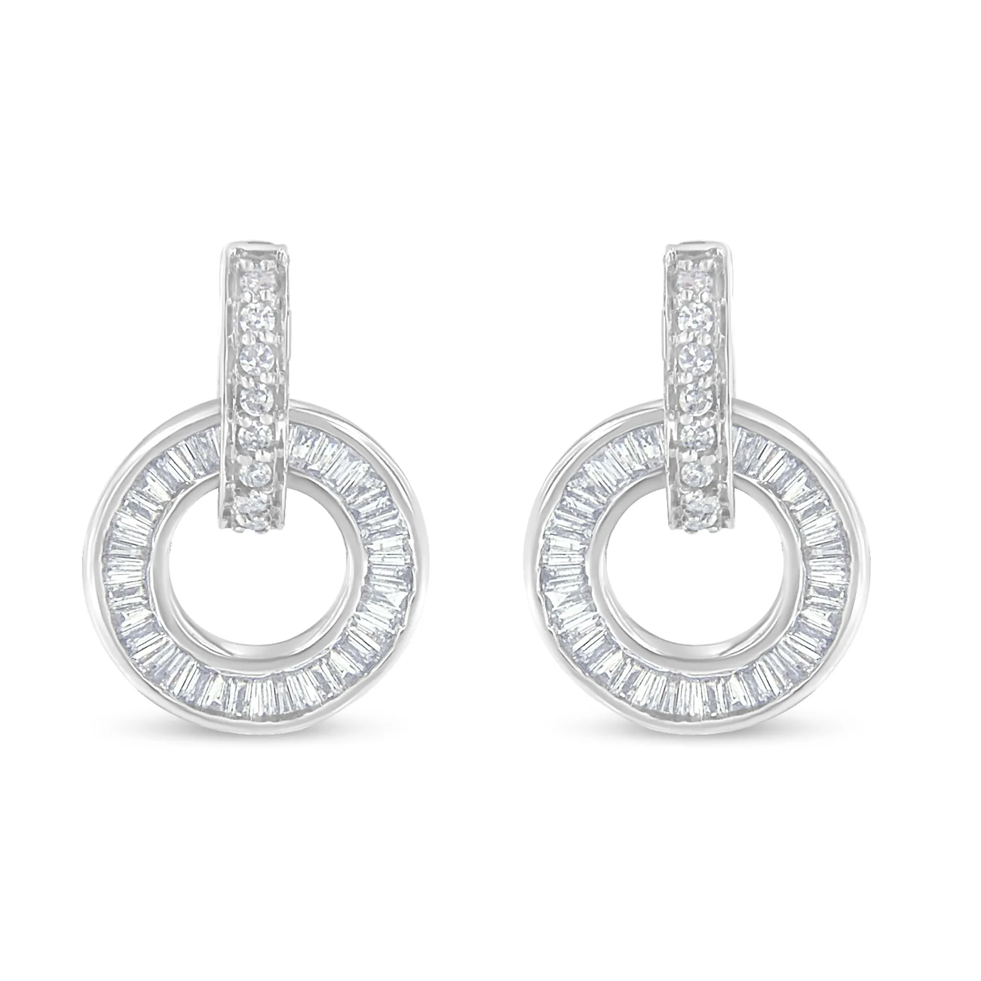 14k White Gold Round and Baguette Cut Diamond Earrings