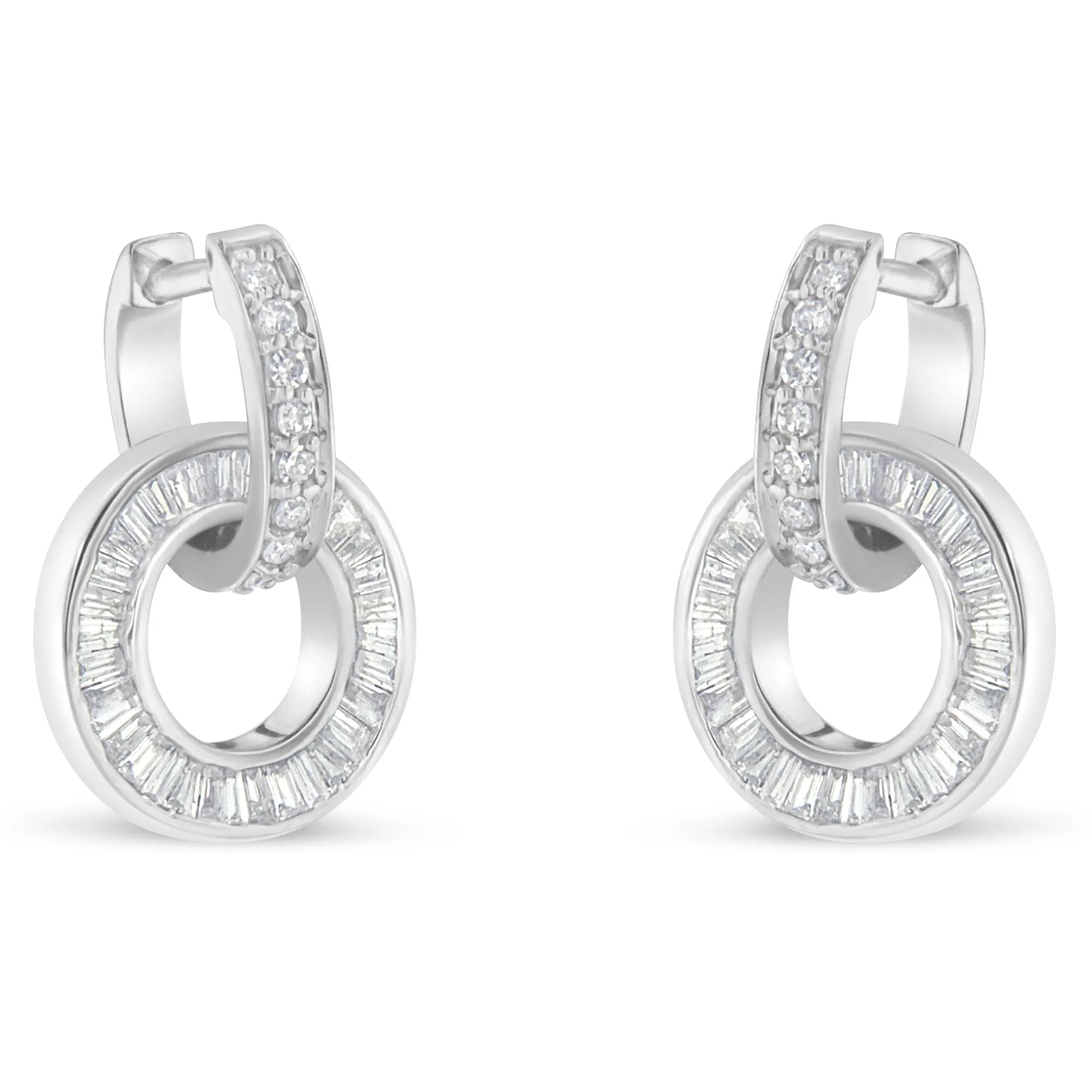 14k White Gold Round and Baguette Cut Diamond Earrings