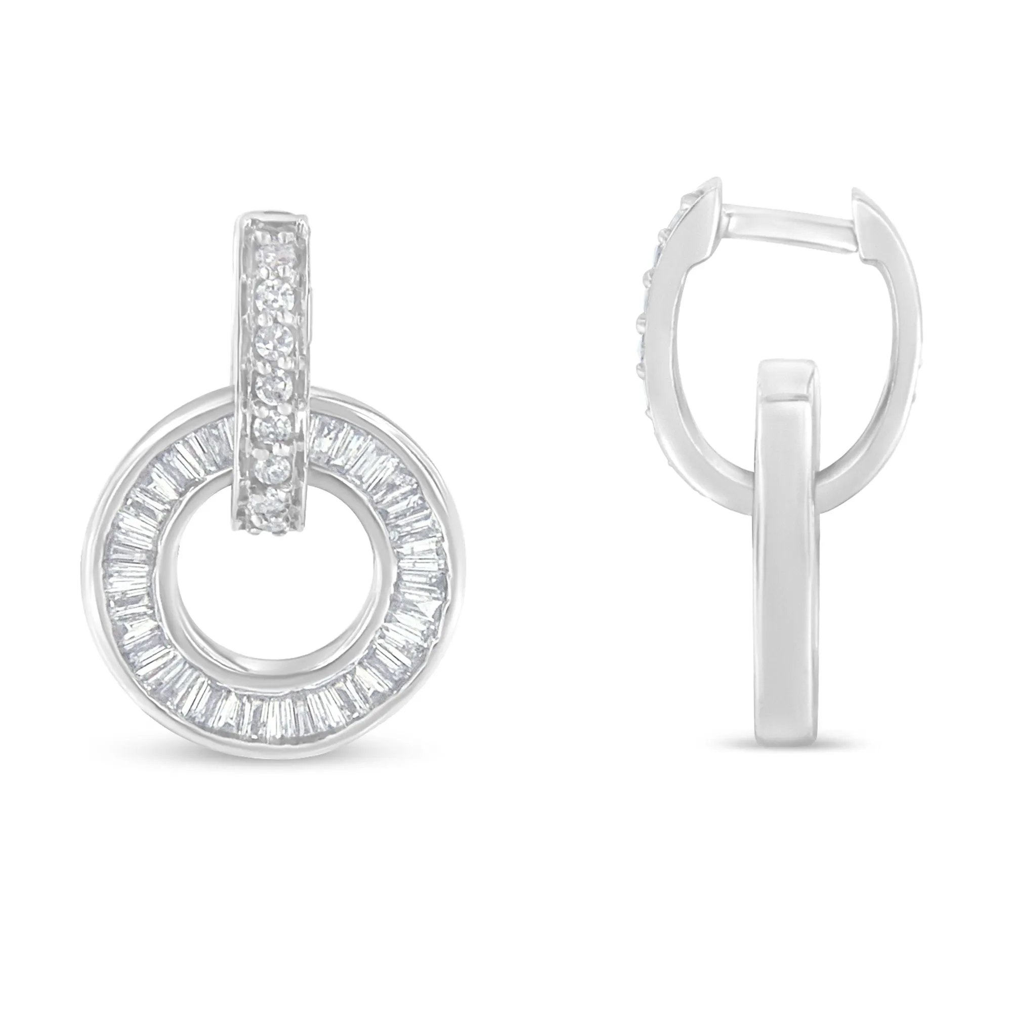 14k White Gold Round and Baguette Cut Diamond Earrings
