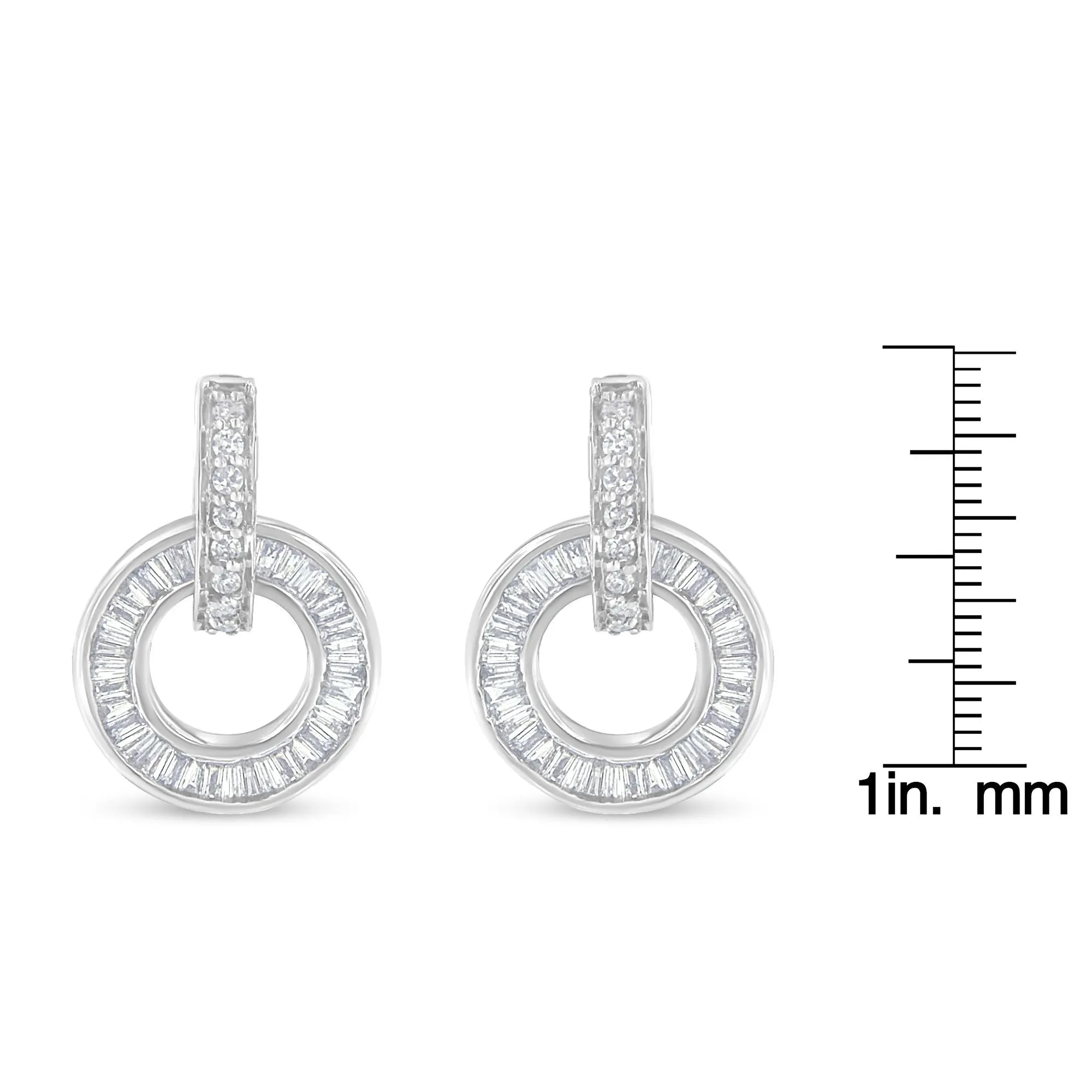 14k White Gold Round and Baguette Cut Diamond Earrings
