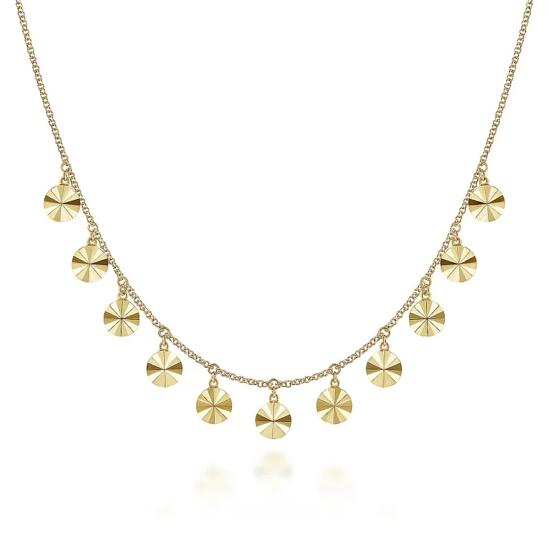 14K Yellow Gold Diamond Cut Disc Drops Necklace