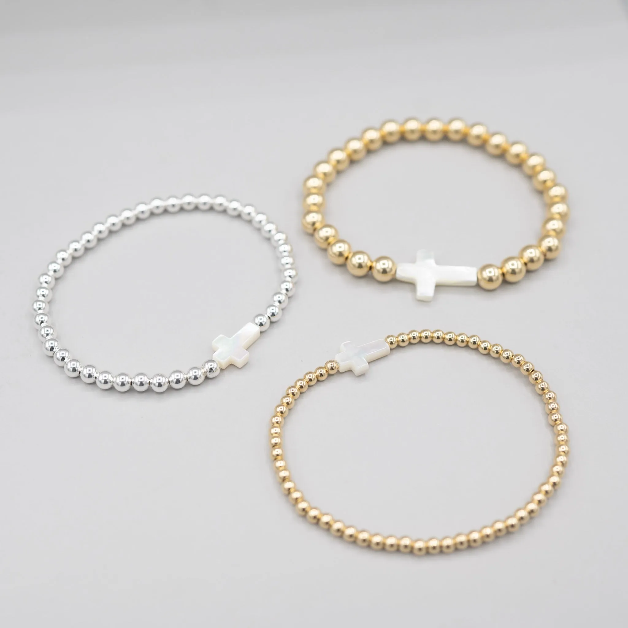 6mm Beaded Lux & Mother of Pearl Cross Bracelet