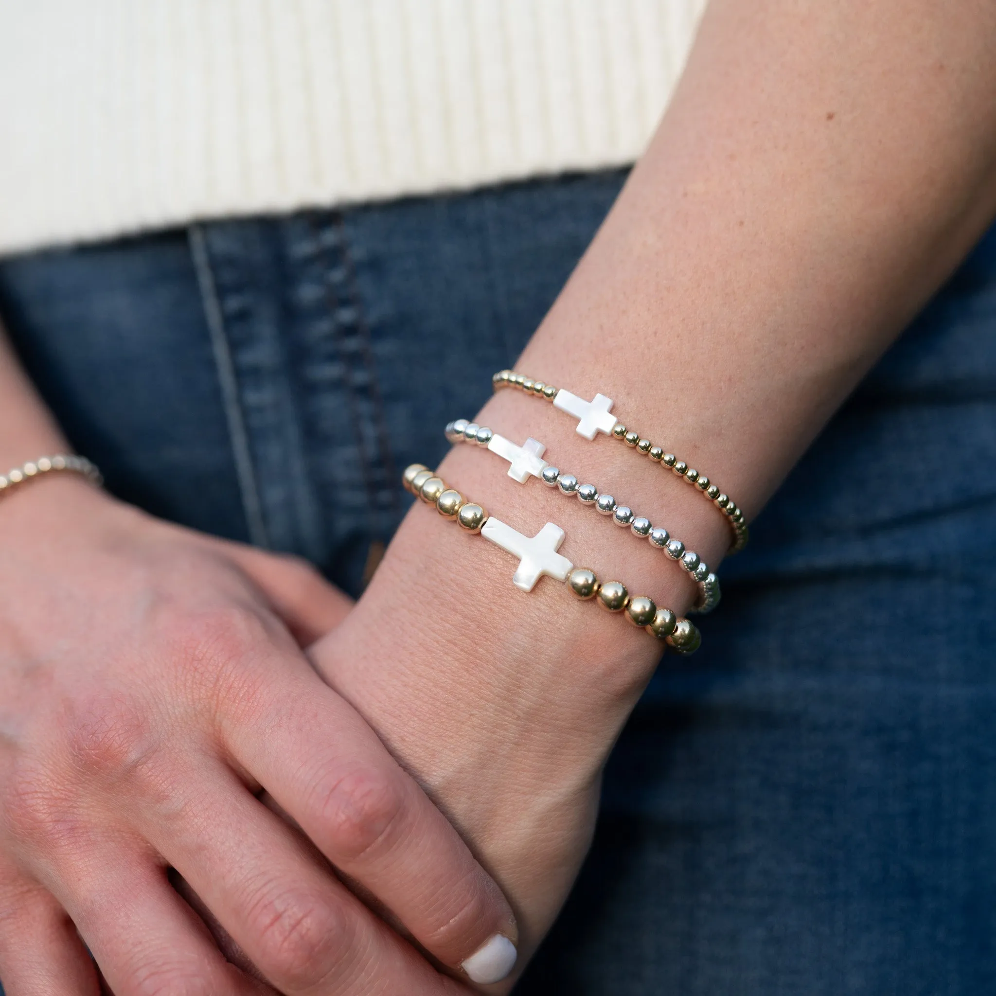 6mm Beaded Lux & Mother of Pearl Cross Bracelet