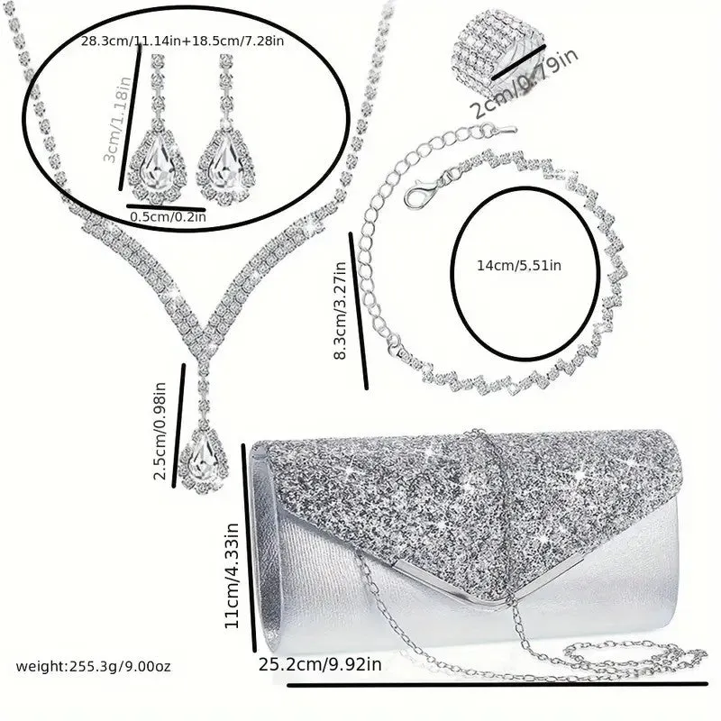 6pcs SILVER GOLDJewelry Set l Rhinestone Earrings l Necklace l Bracelet l Prom l Purse Wedding JS-921
