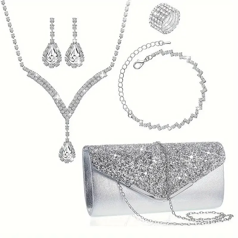 6pcs SILVER GOLDJewelry Set l Rhinestone Earrings l Necklace l Bracelet l Prom l Purse Wedding JS-921