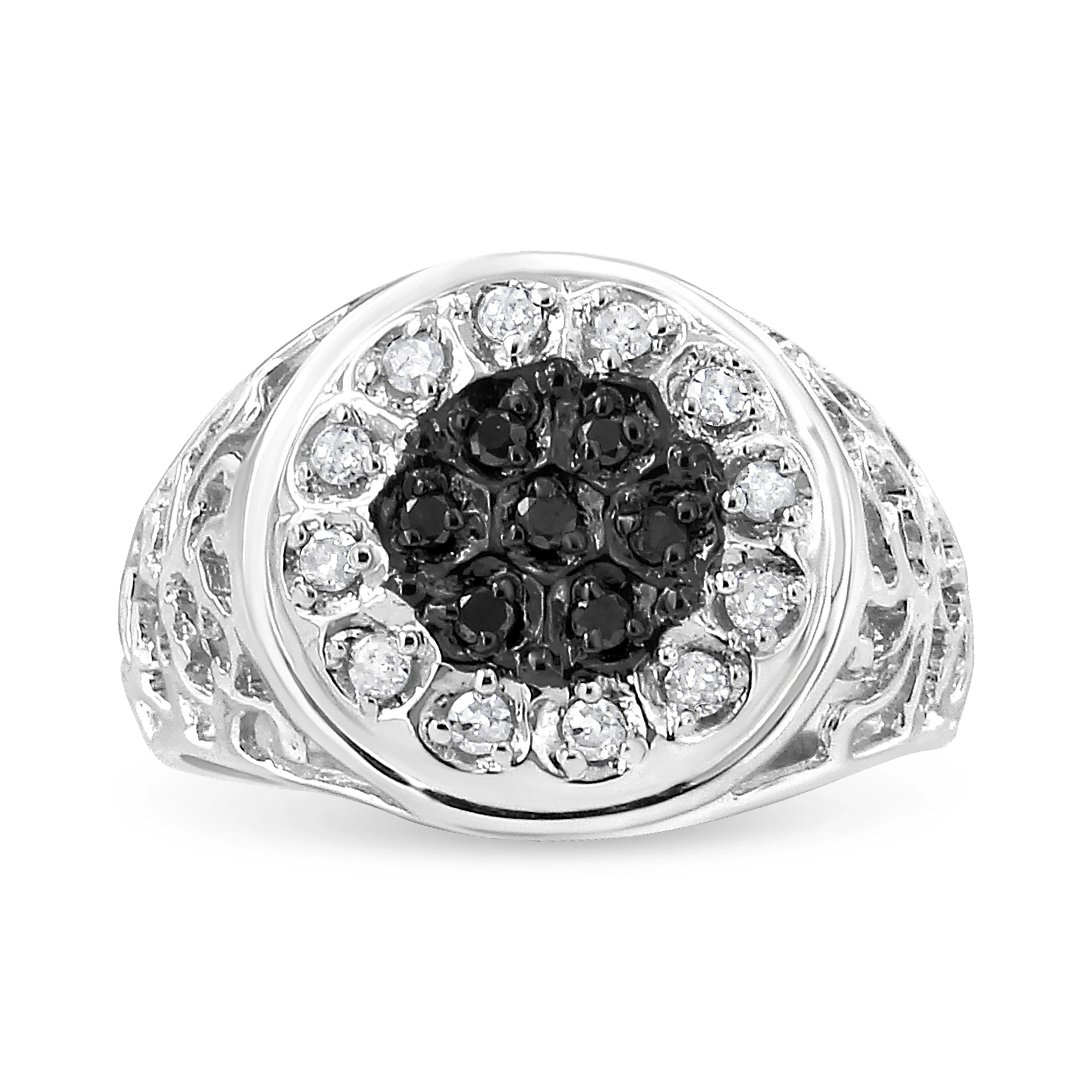 .925 Sterling Silver 1/4 Cttw White and Black Treated Diamond Halo Cluster Ring for Men