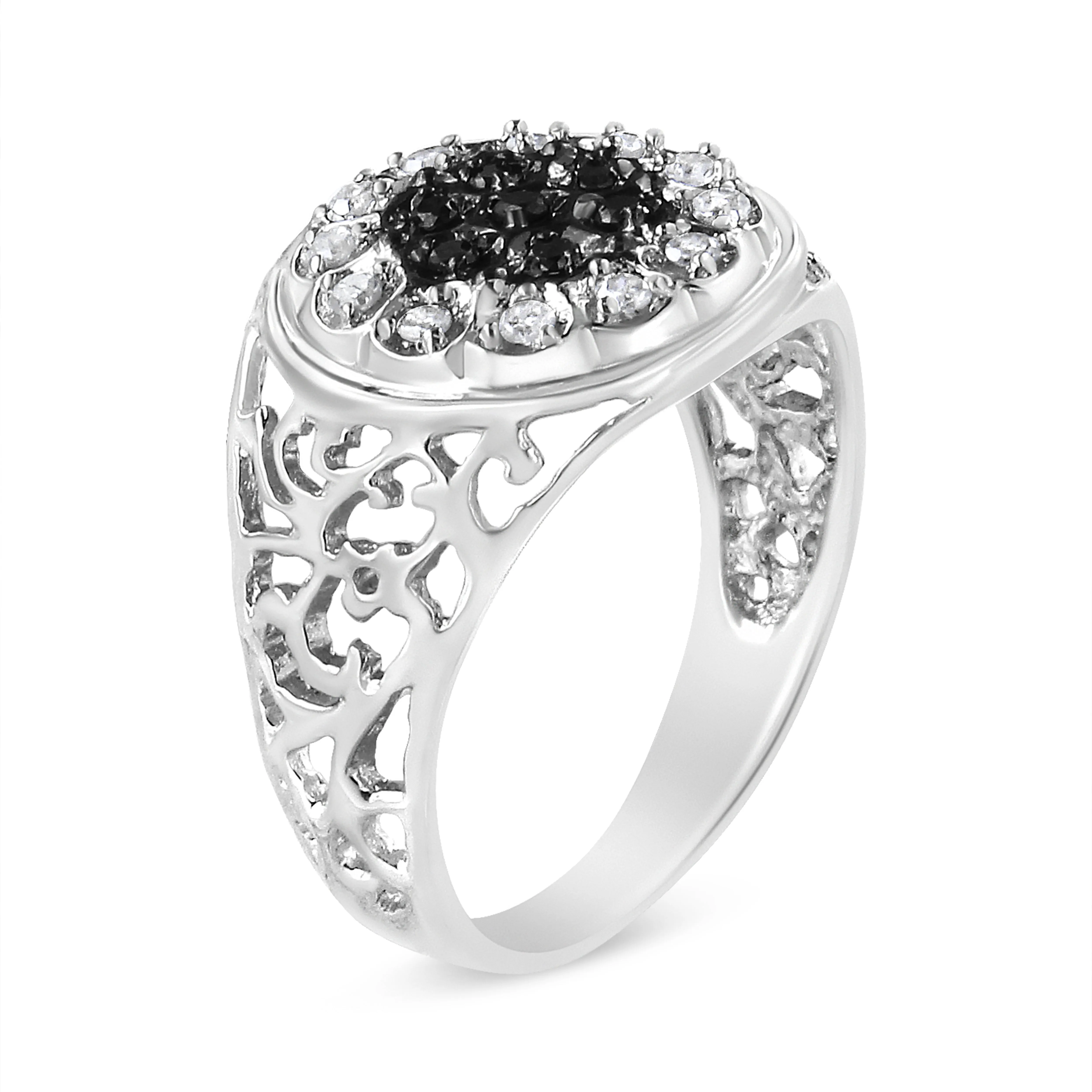 .925 Sterling Silver 1/4 Cttw White and Black Treated Diamond Halo Cluster Ring for Men