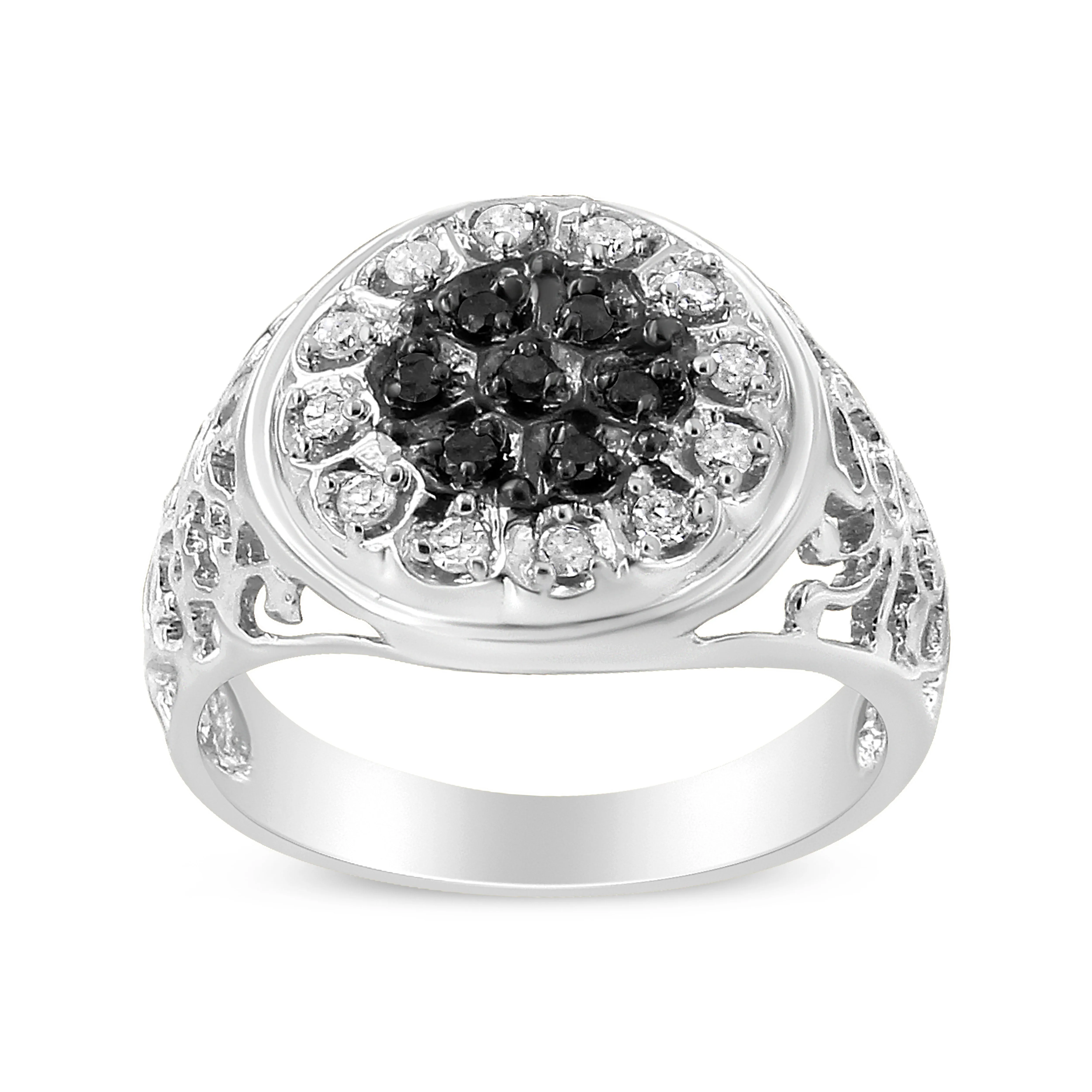 .925 Sterling Silver 1/4 Cttw White and Black Treated Diamond Halo Cluster Ring for Men