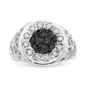 .925 Sterling Silver 1/4 Cttw White and Black Treated Diamond Halo Cluster Ring for Men