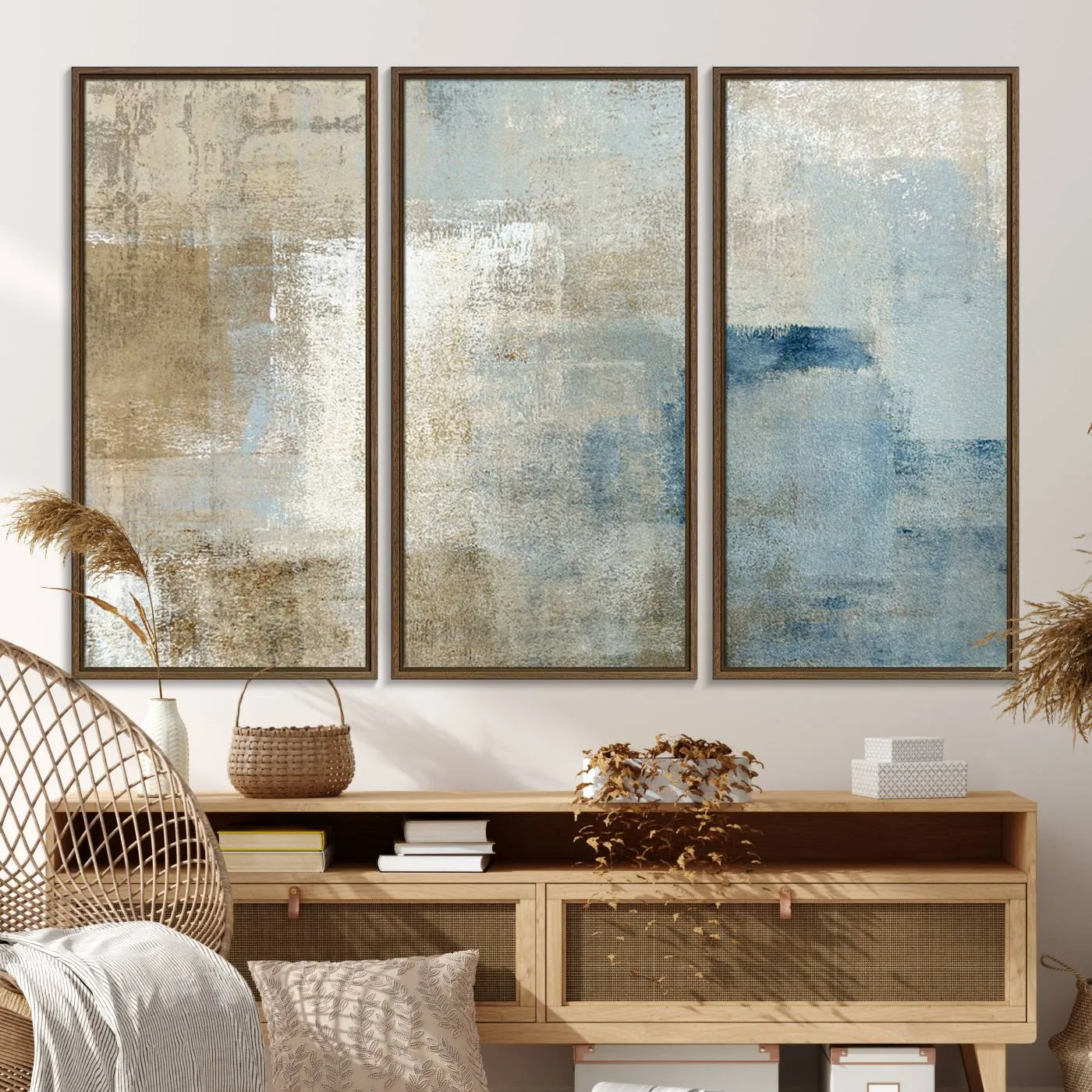 Abstract Blue and Beige Wall Art, Modern Minimalist Canvas Print Set, Giclee Textured Art, Large Multi-Panel Artwork for Living Room