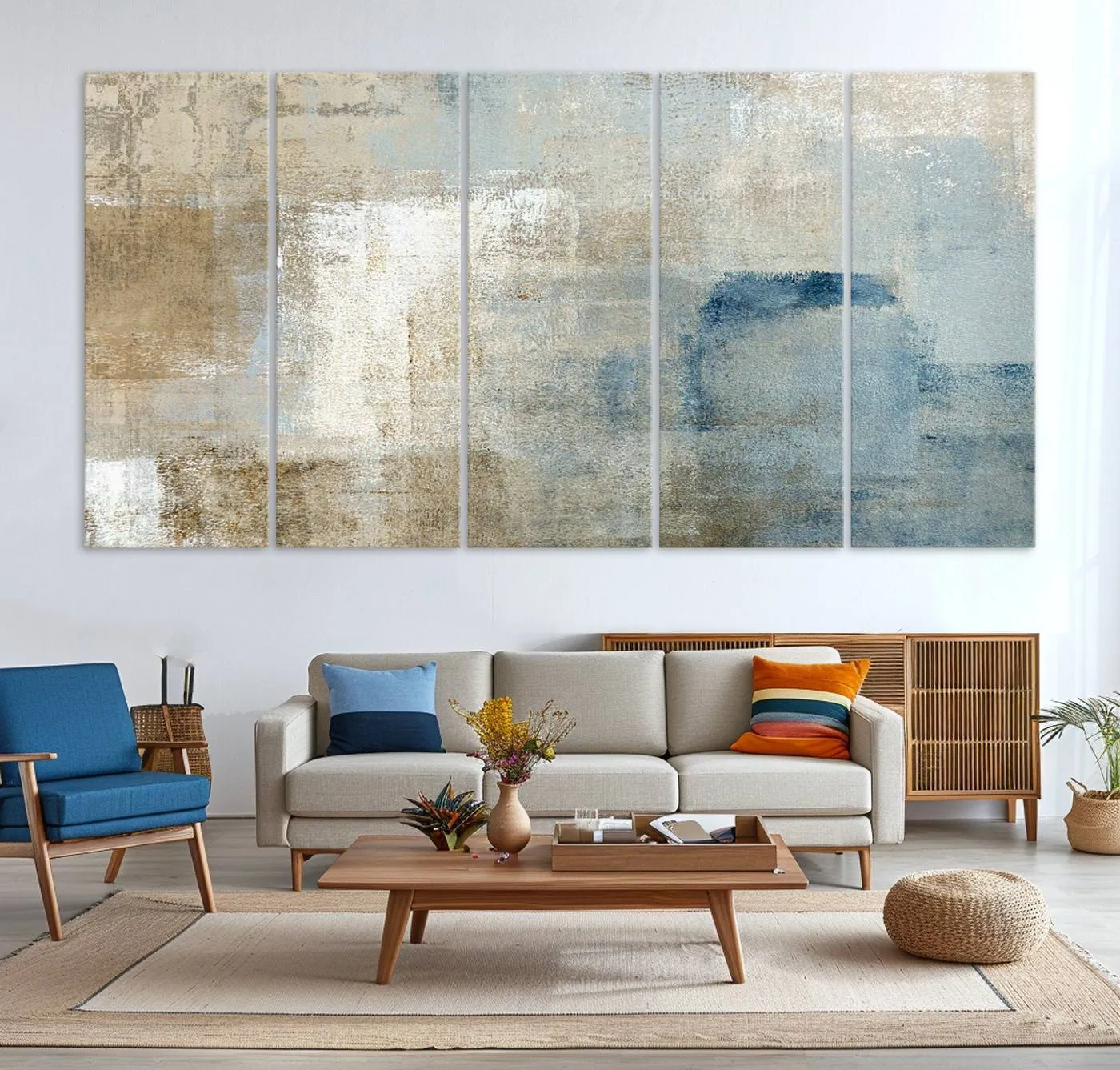 Abstract Blue and Beige Wall Art, Modern Minimalist Canvas Print Set, Giclee Textured Art, Large Multi-Panel Artwork for Living Room