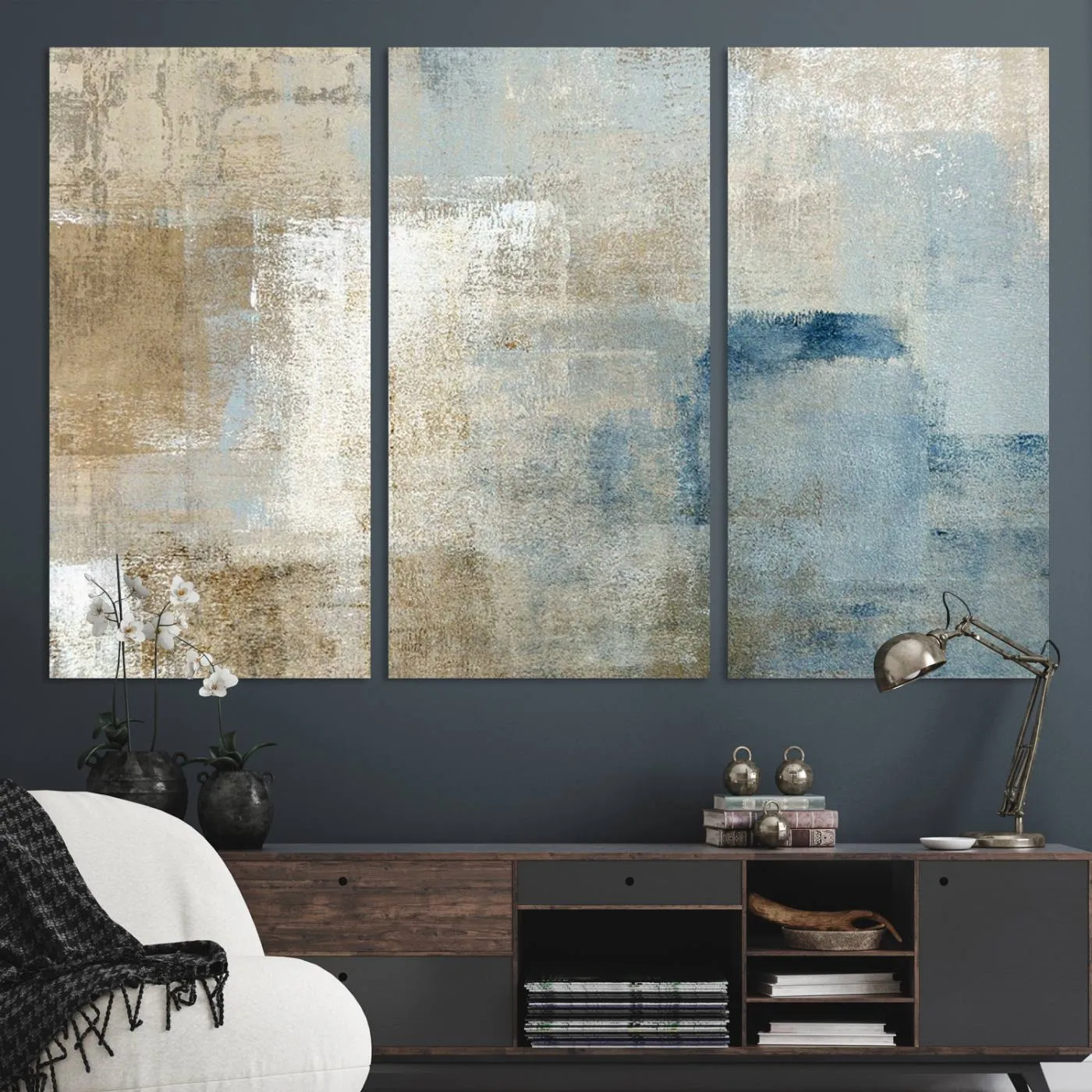 Abstract Blue and Beige Wall Art, Modern Minimalist Canvas Print Set, Giclee Textured Art, Large Multi-Panel Artwork for Living Room