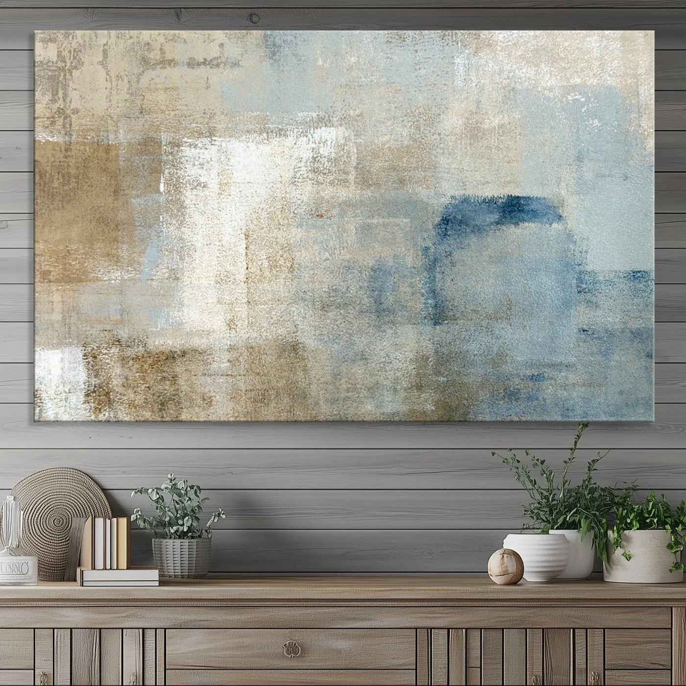 Abstract Blue and Beige Wall Art, Modern Minimalist Canvas Print Set, Giclee Textured Art, Large Multi-Panel Artwork for Living Room