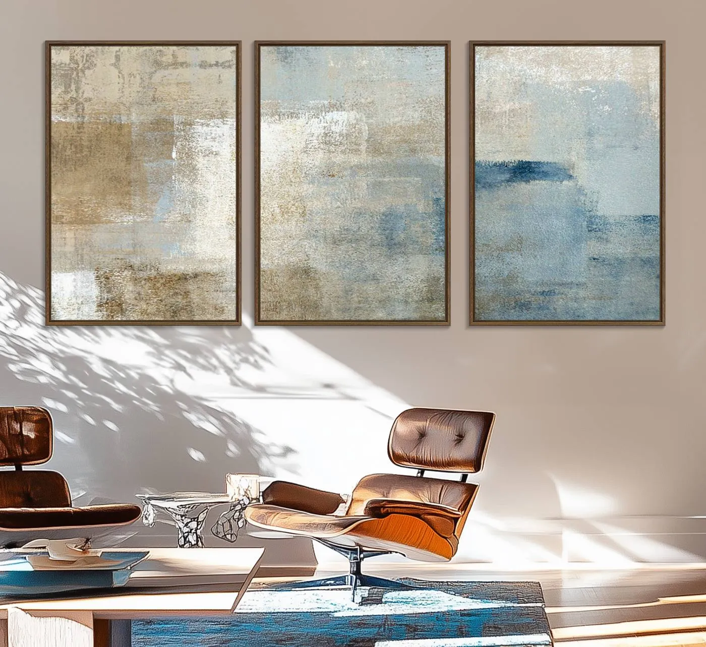 Abstract Blue and Beige Wall Art, Modern Minimalist Canvas Print Set, Giclee Textured Art, Large Multi-Panel Artwork for Living Room
