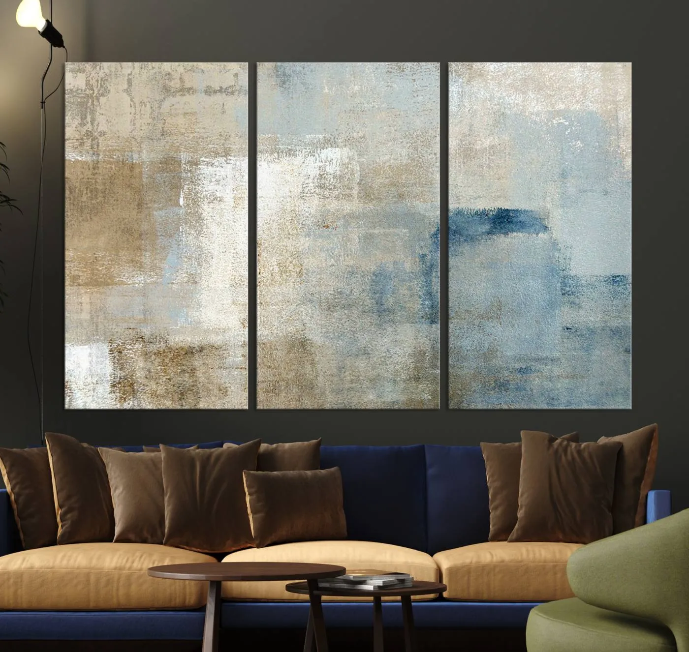 Abstract Blue and Beige Wall Art, Modern Minimalist Canvas Print Set, Giclee Textured Art, Large Multi-Panel Artwork for Living Room