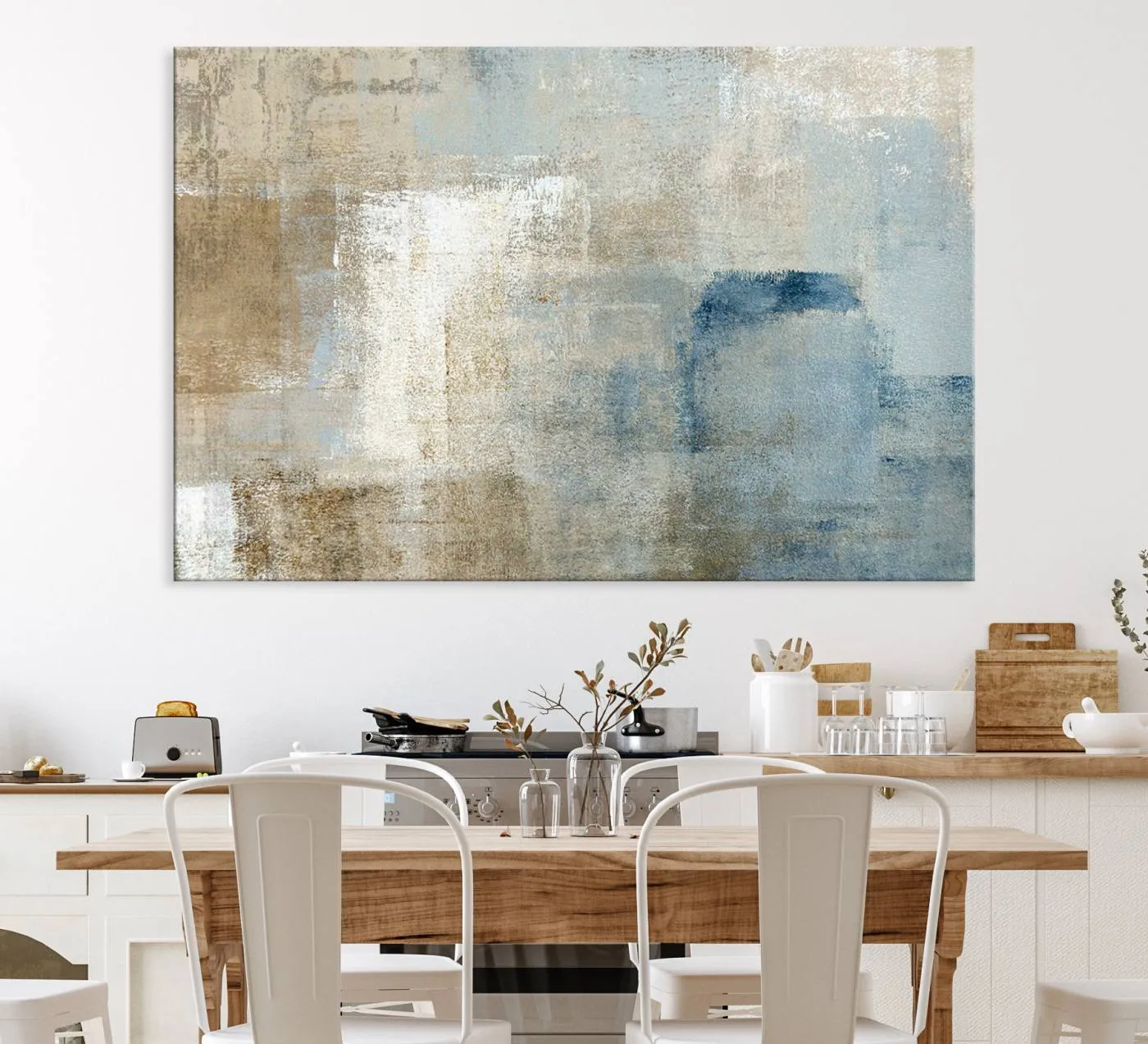 Abstract Blue and Beige Wall Art, Modern Minimalist Canvas Print Set, Giclee Textured Art, Large Multi-Panel Artwork for Living Room