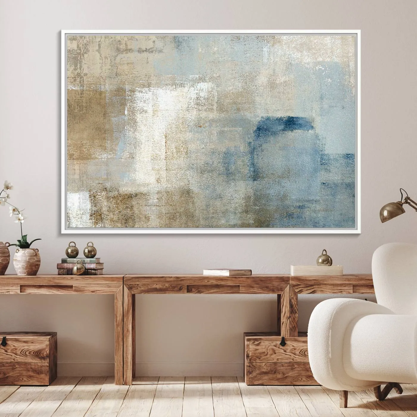 Abstract Blue and Beige Wall Art, Modern Minimalist Canvas Print Set, Giclee Textured Art, Large Multi-Panel Artwork for Living Room