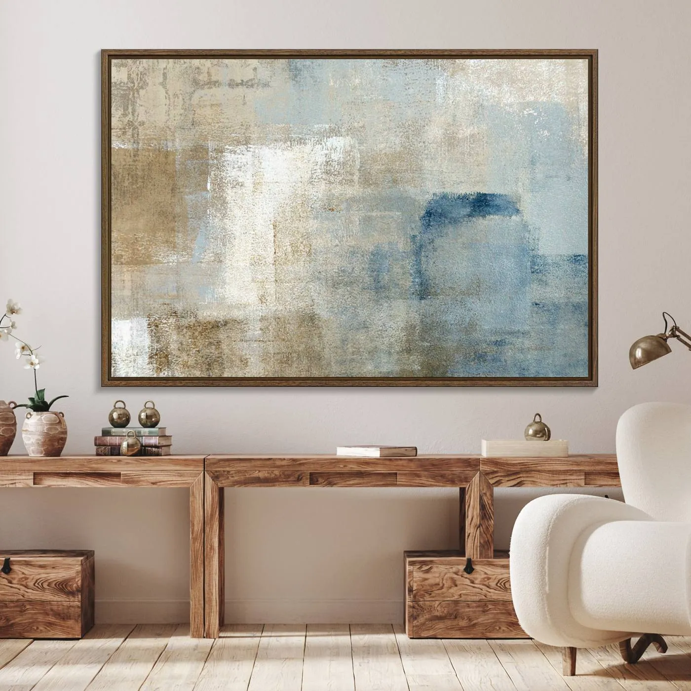 Abstract Blue and Beige Wall Art, Modern Minimalist Canvas Print Set, Giclee Textured Art, Large Multi-Panel Artwork for Living Room