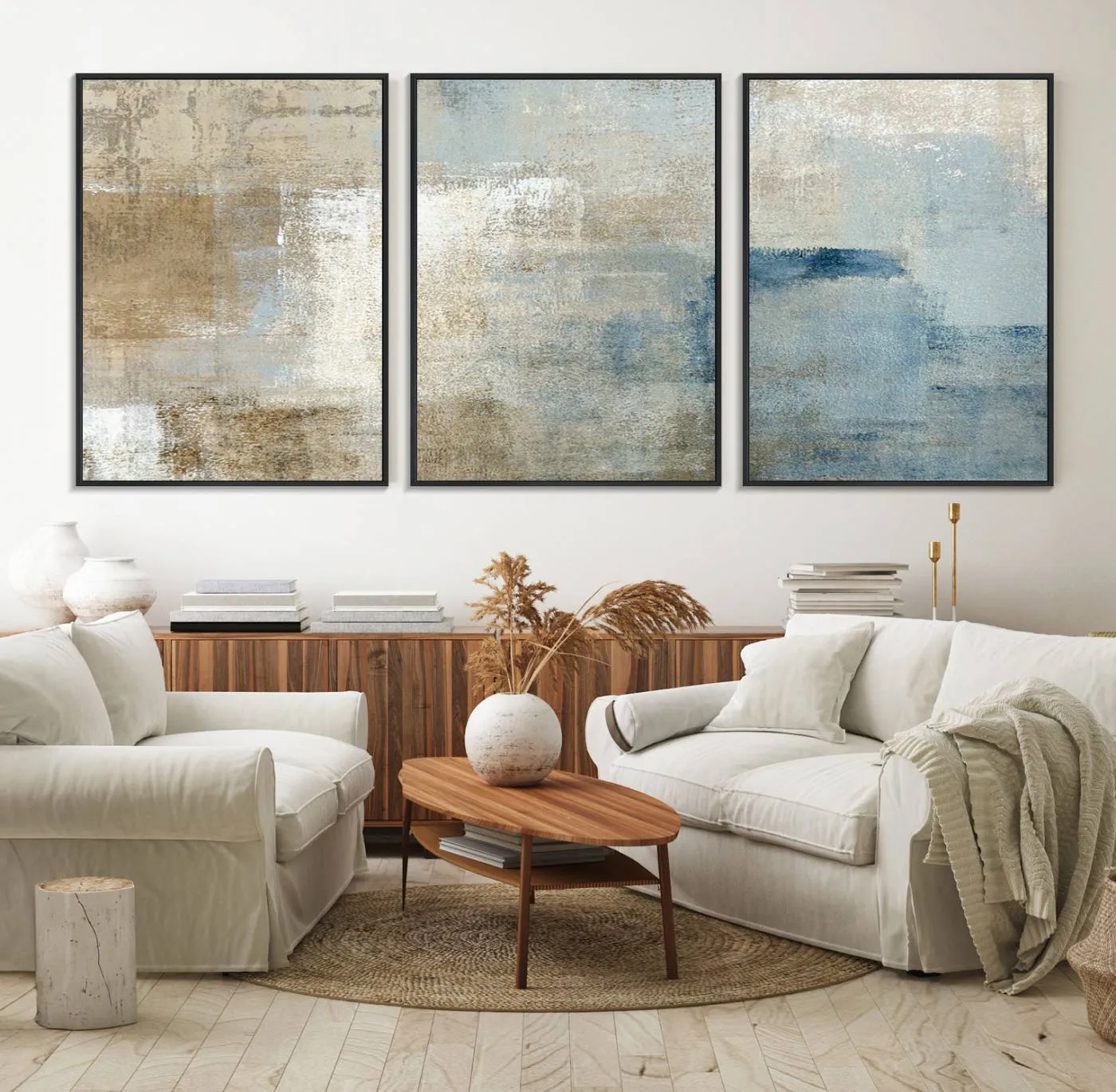 Abstract Blue and Beige Wall Art, Modern Minimalist Canvas Print Set, Giclee Textured Art, Large Multi-Panel Artwork for Living Room