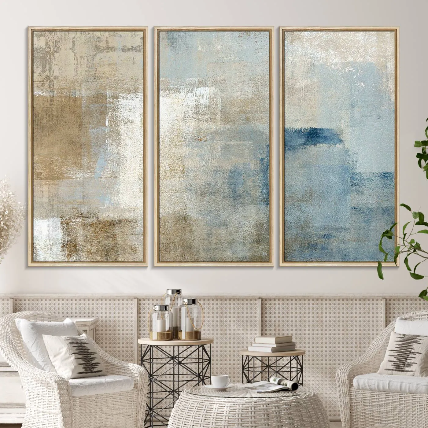 Abstract Blue and Beige Wall Art, Modern Minimalist Canvas Print Set, Giclee Textured Art, Large Multi-Panel Artwork for Living Room