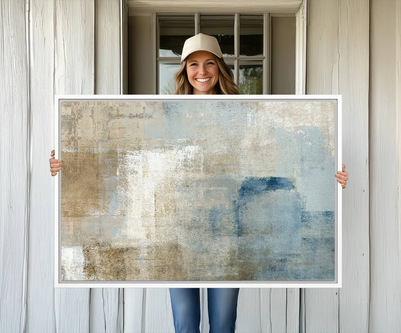 Abstract Blue and Beige Wall Art, Modern Minimalist Canvas Print Set, Giclee Textured Art, Large Multi-Panel Artwork for Living Room