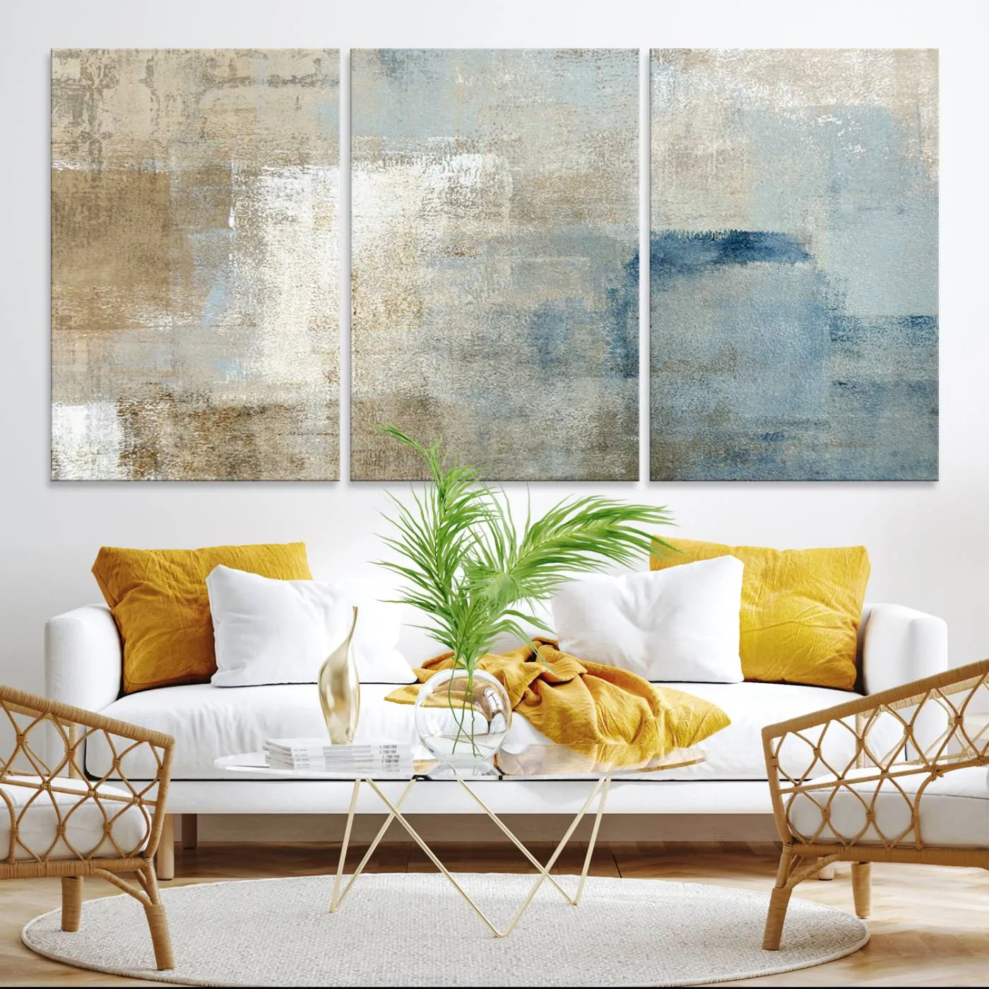 Abstract Blue and Beige Wall Art, Modern Minimalist Canvas Print Set, Giclee Textured Art, Large Multi-Panel Artwork for Living Room