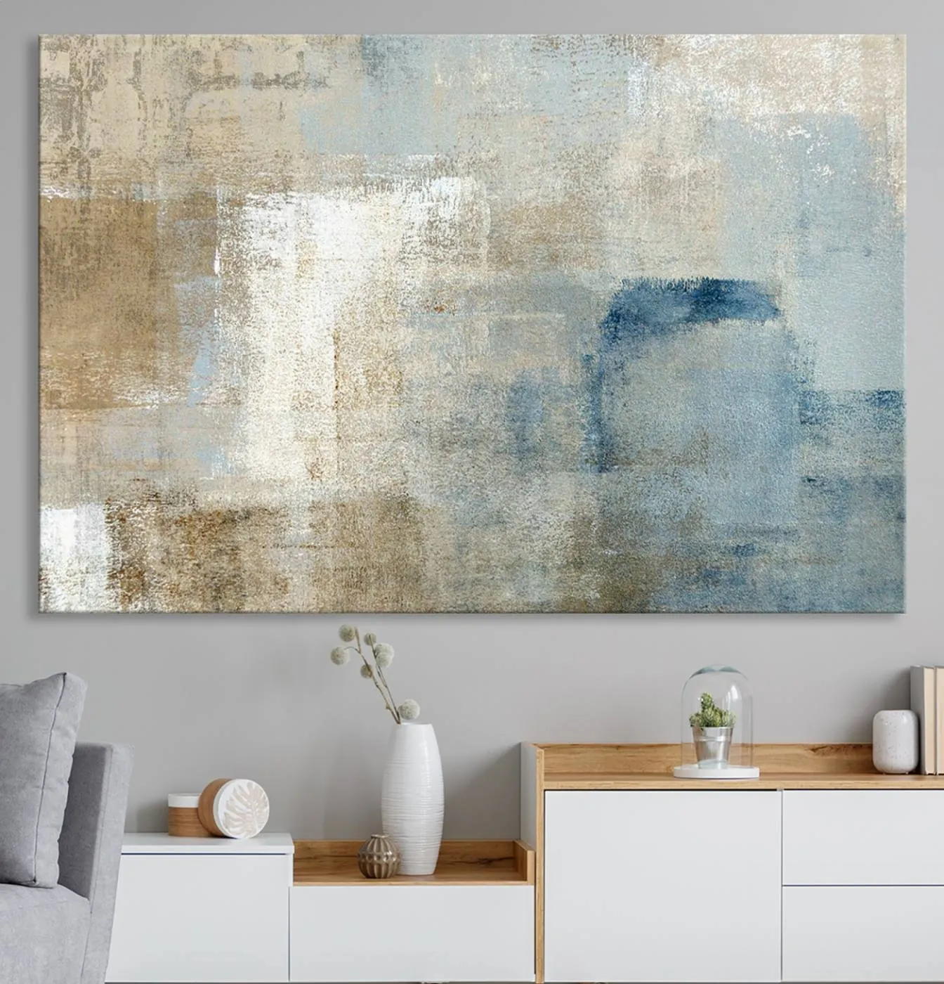 Abstract Blue and Beige Wall Art, Modern Minimalist Canvas Print Set, Giclee Textured Art, Large Multi-Panel Artwork for Living Room