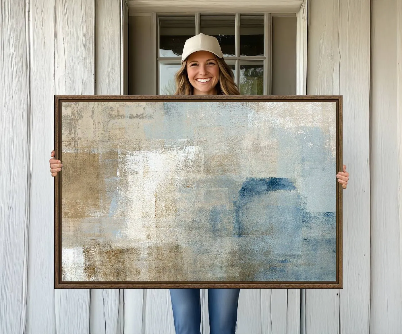 Abstract Blue and Beige Wall Art, Modern Minimalist Canvas Print Set, Giclee Textured Art, Large Multi-Panel Artwork for Living Room