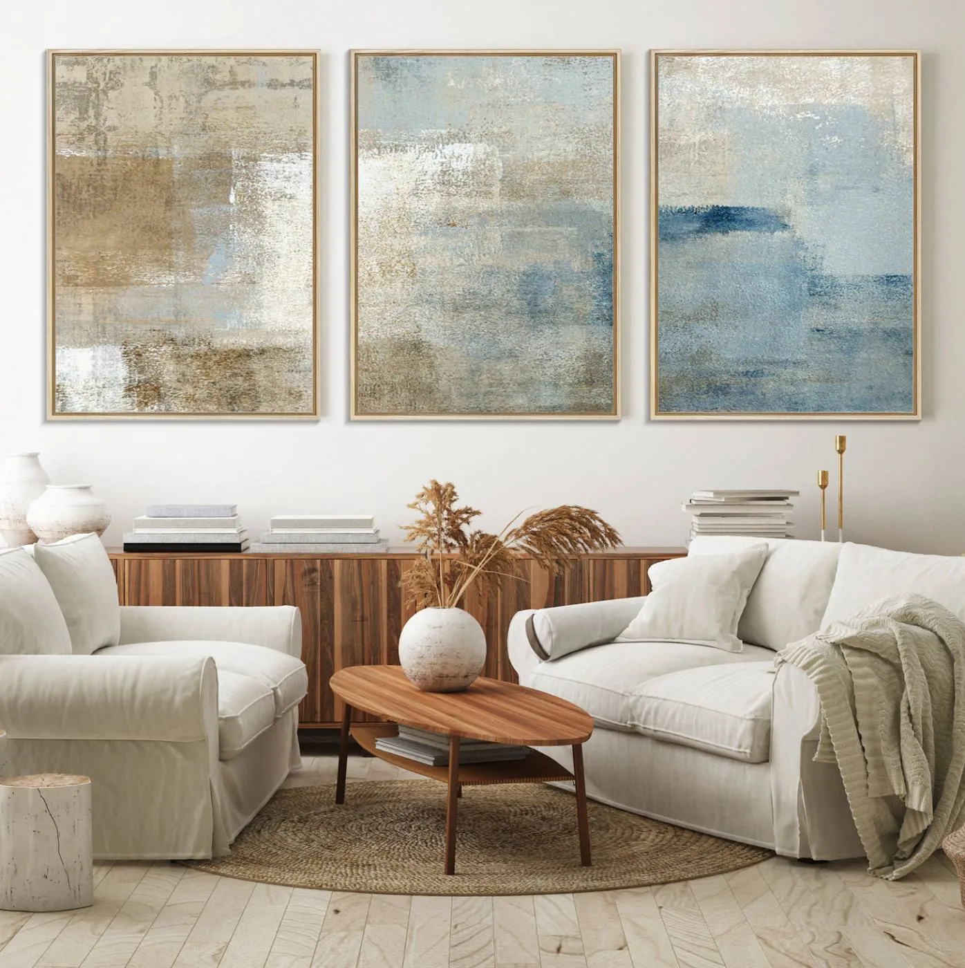 Abstract Blue and Beige Wall Art, Modern Minimalist Canvas Print Set, Giclee Textured Art, Large Multi-Panel Artwork for Living Room