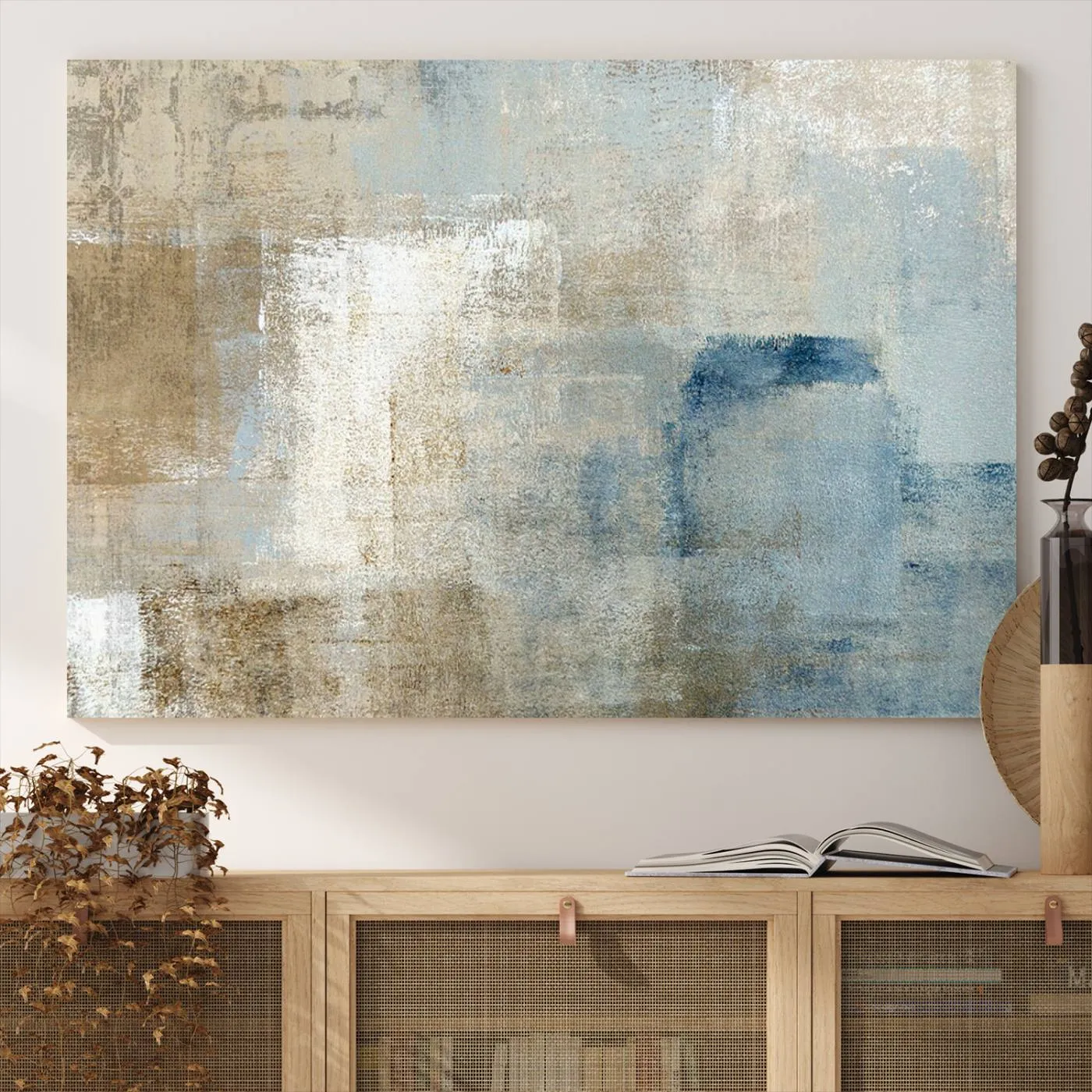 Abstract Blue and Beige Wall Art, Modern Minimalist Canvas Print Set, Giclee Textured Art, Large Multi-Panel Artwork for Living Room
