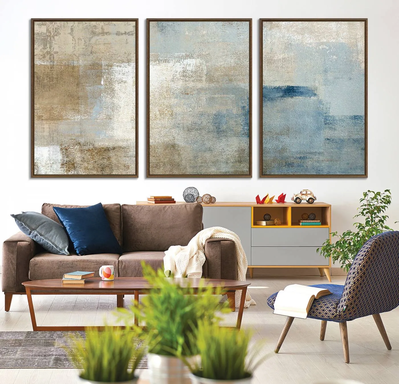 Abstract Blue and Beige Wall Art, Modern Minimalist Canvas Print Set, Giclee Textured Art, Large Multi-Panel Artwork for Living Room