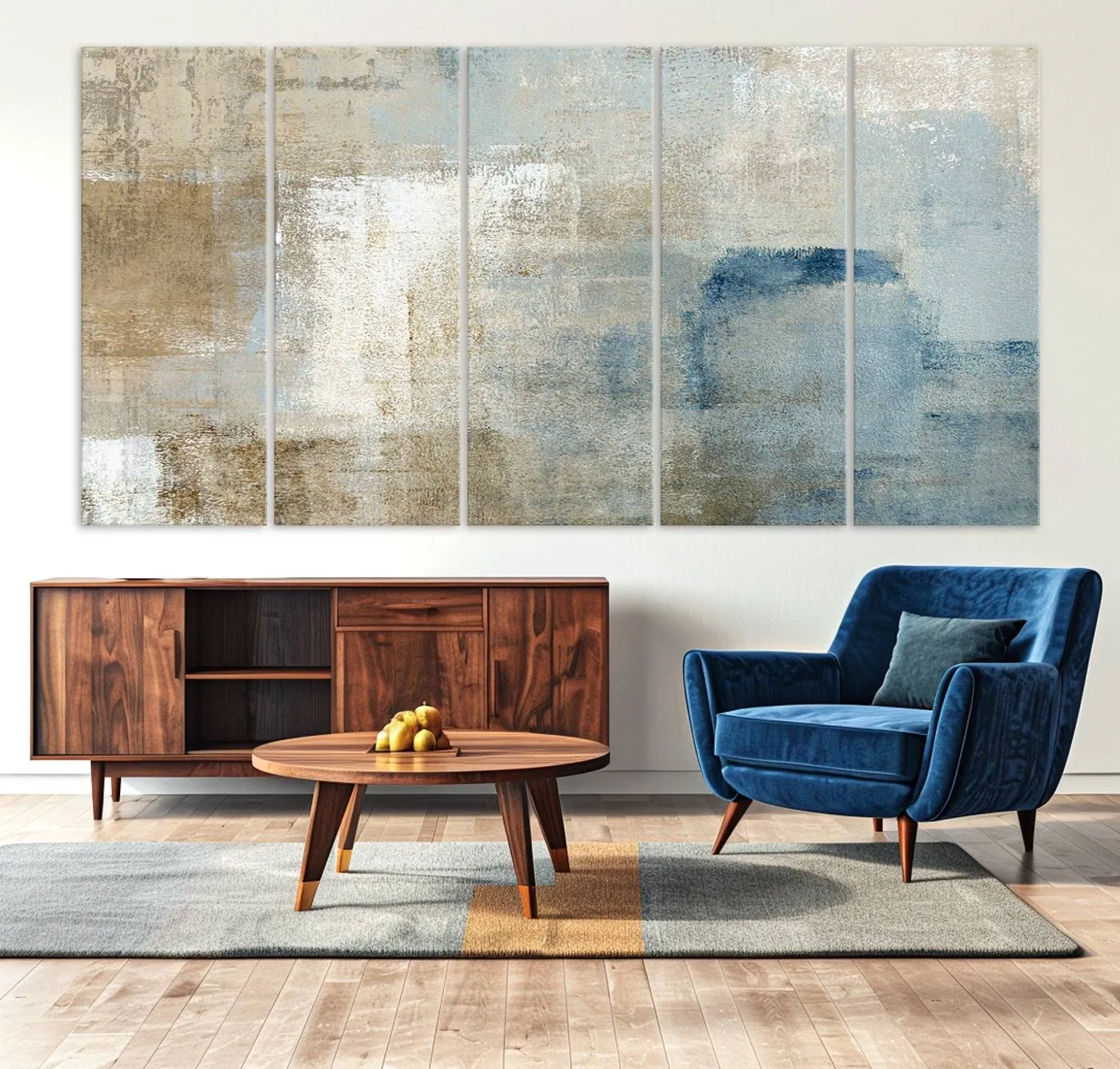 Abstract Blue and Beige Wall Art, Modern Minimalist Canvas Print Set, Giclee Textured Art, Large Multi-Panel Artwork for Living Room