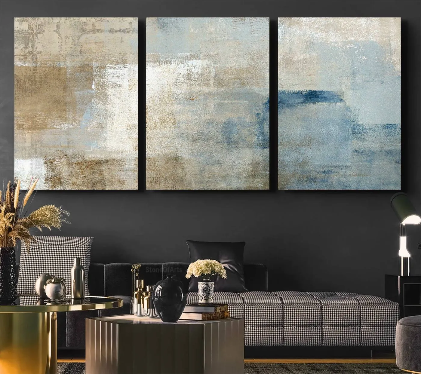Abstract Blue and Beige Wall Art, Modern Minimalist Canvas Print Set, Giclee Textured Art, Large Multi-Panel Artwork for Living Room