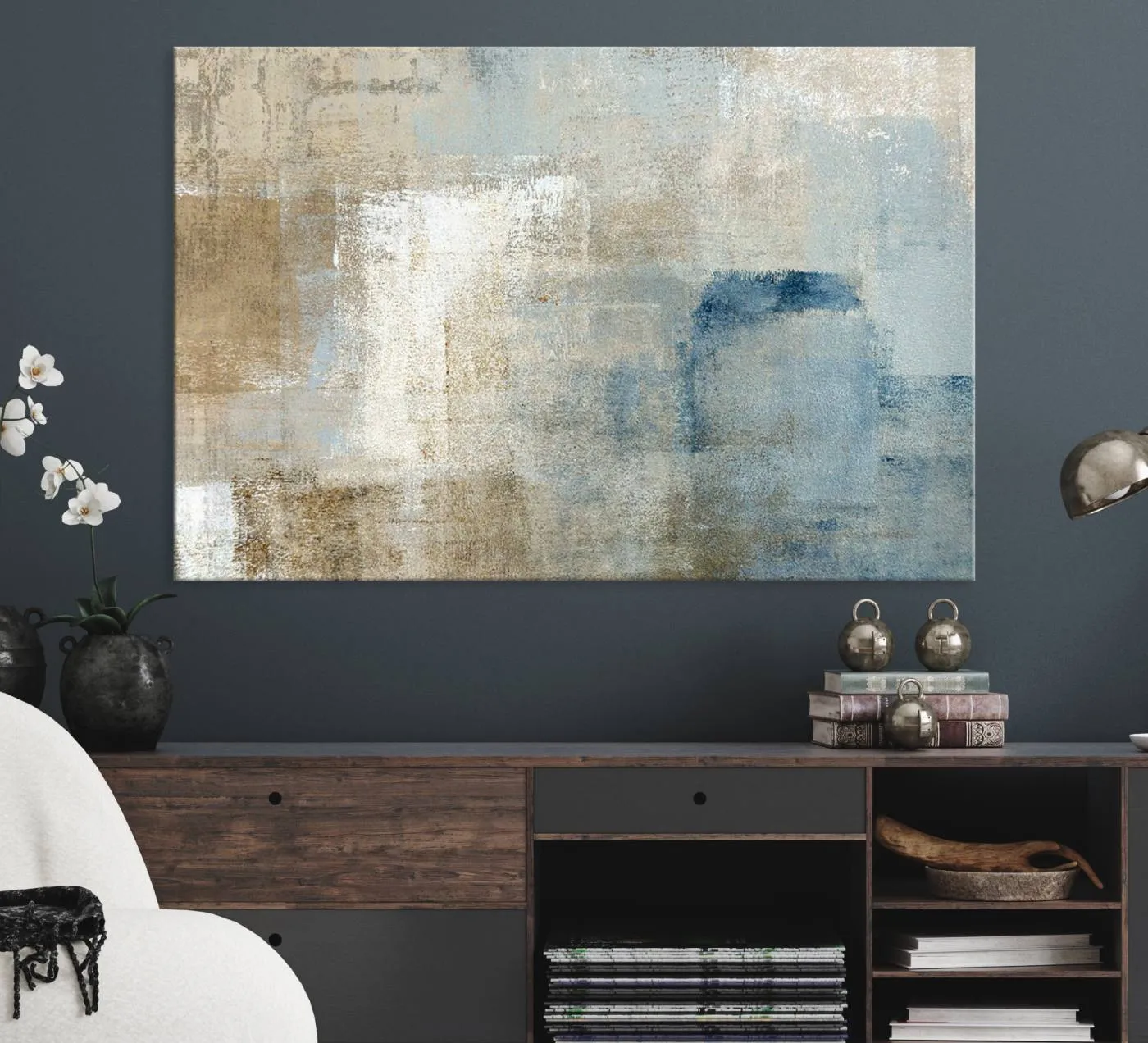 Abstract Blue and Beige Wall Art, Modern Minimalist Canvas Print Set, Giclee Textured Art, Large Multi-Panel Artwork for Living Room