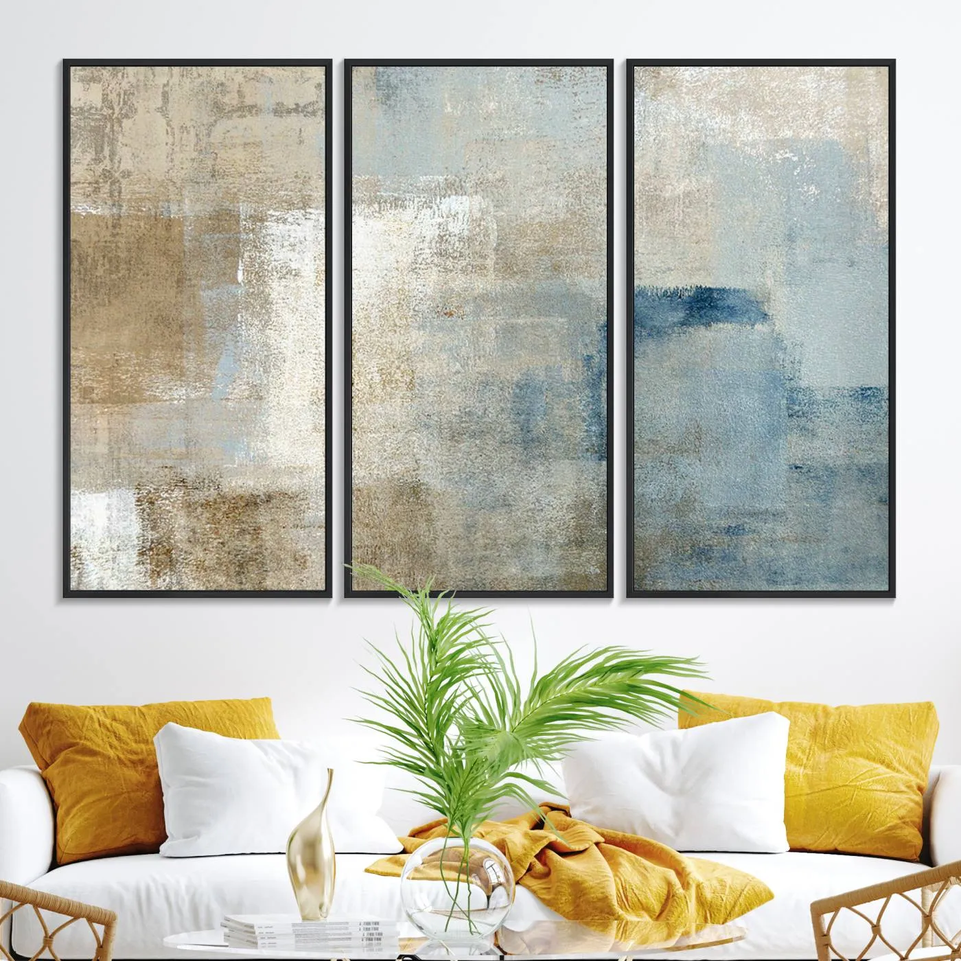Abstract Blue and Beige Wall Art, Modern Minimalist Canvas Print Set, Giclee Textured Art, Large Multi-Panel Artwork for Living Room