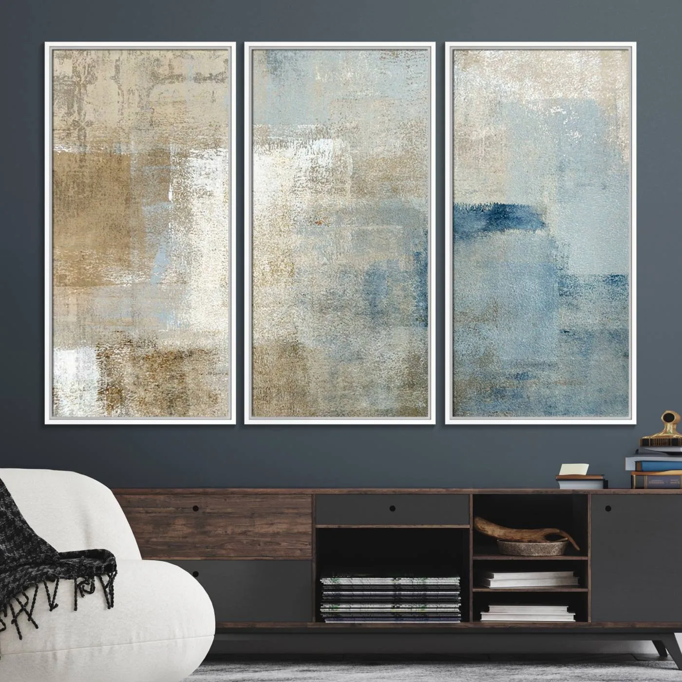 Abstract Blue and Beige Wall Art, Modern Minimalist Canvas Print Set, Giclee Textured Art, Large Multi-Panel Artwork for Living Room
