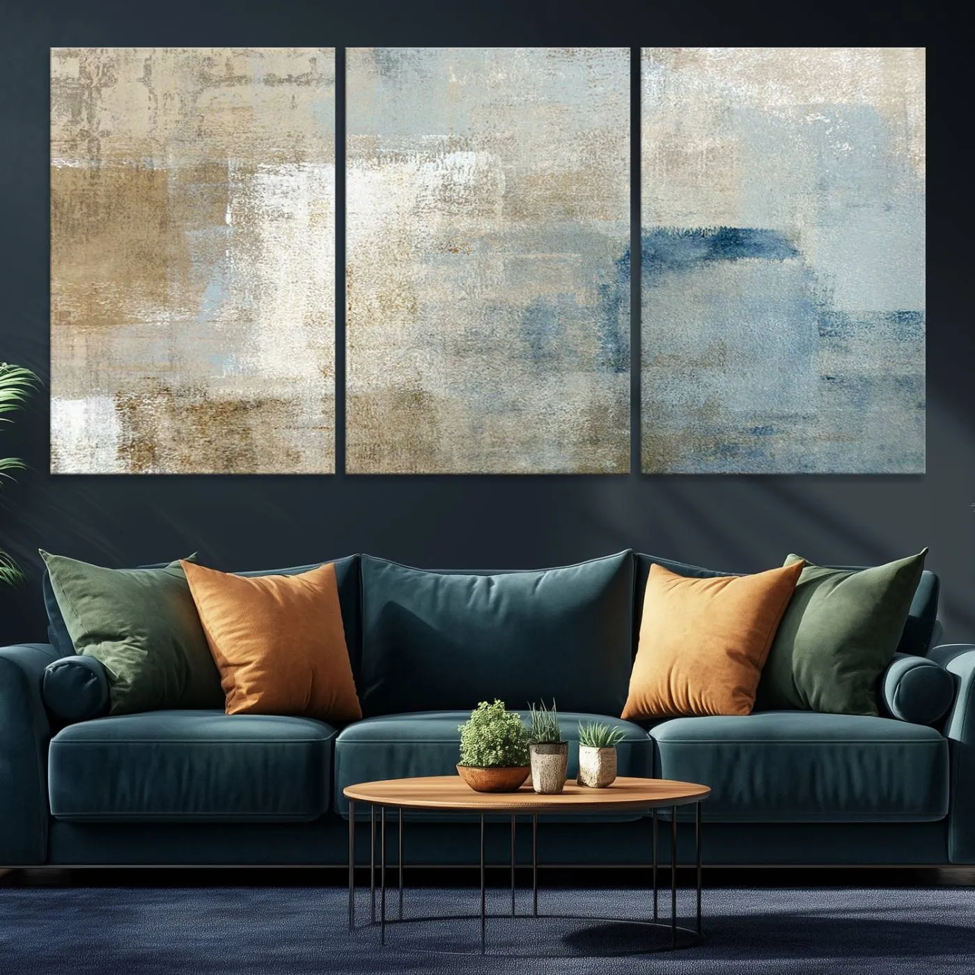 Abstract Blue and Beige Wall Art, Modern Minimalist Canvas Print Set, Giclee Textured Art, Large Multi-Panel Artwork for Living Room