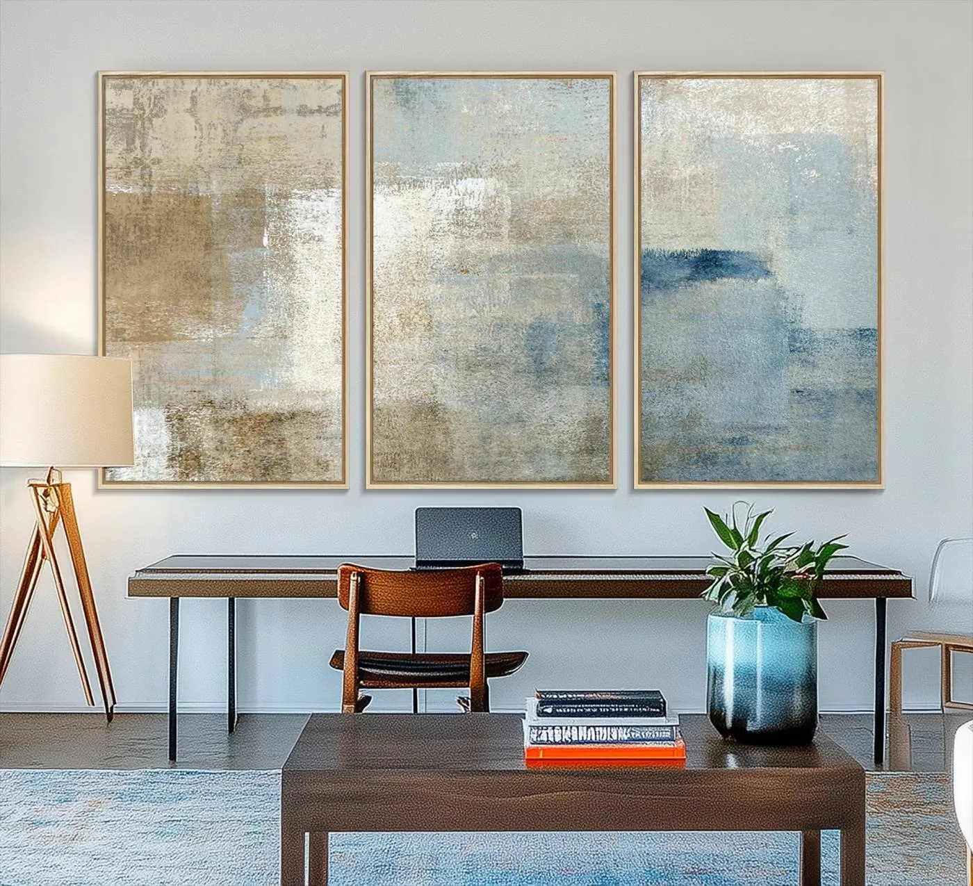 Abstract Blue and Beige Wall Art, Modern Minimalist Canvas Print Set, Giclee Textured Art, Large Multi-Panel Artwork for Living Room