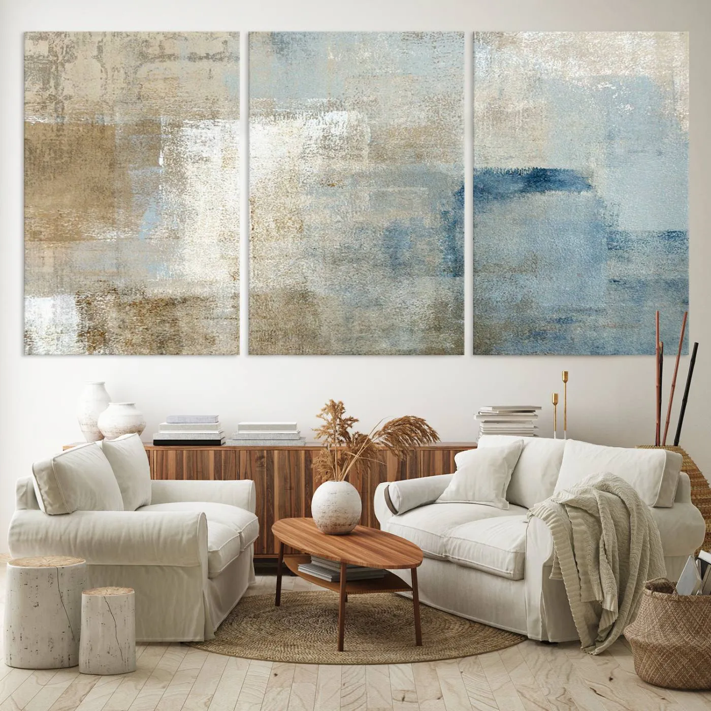 Abstract Blue and Beige Wall Art, Modern Minimalist Canvas Print Set, Giclee Textured Art, Large Multi-Panel Artwork for Living Room