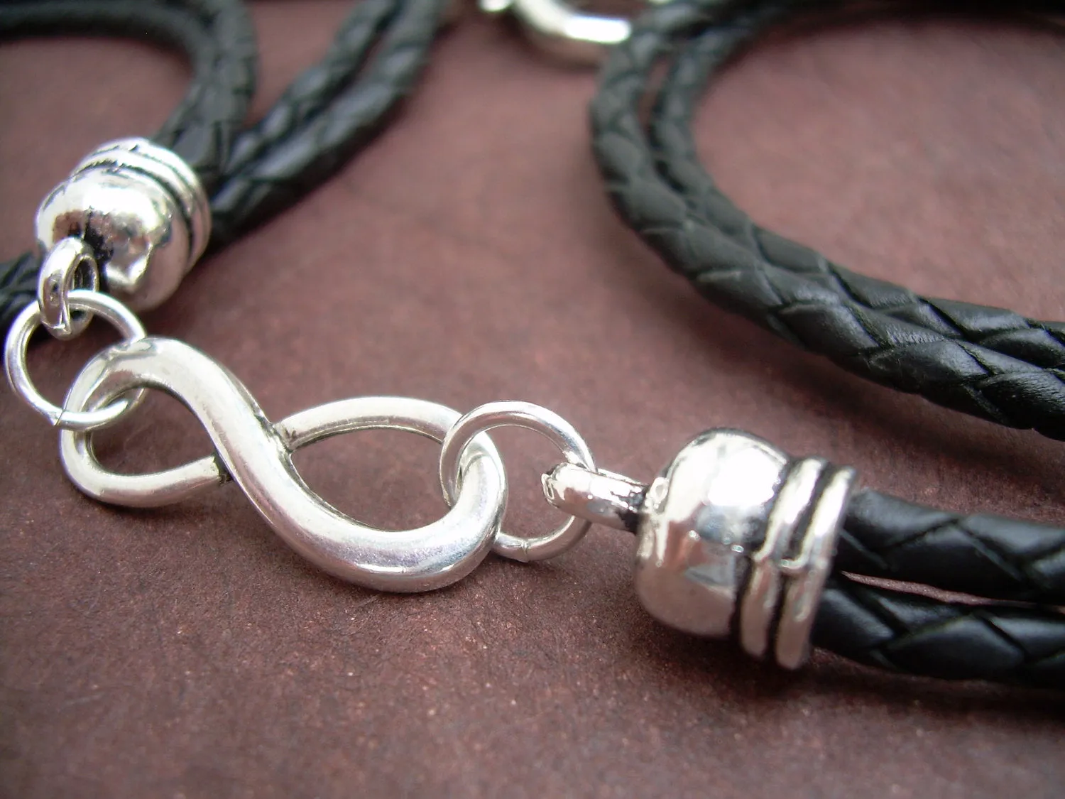 Black Braided Leather Wrap Infinity Bracelet with Nugget Lobster Clasp