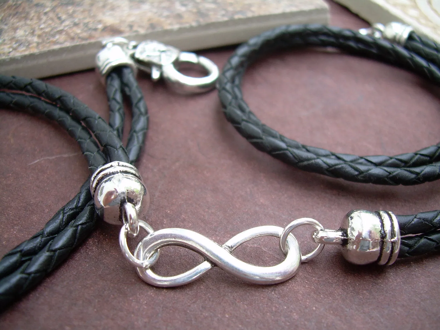 Black Braided Leather Wrap Infinity Bracelet with Nugget Lobster Clasp