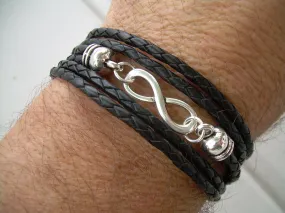 Black Braided Leather Wrap Infinity Bracelet with Nugget Lobster Clasp