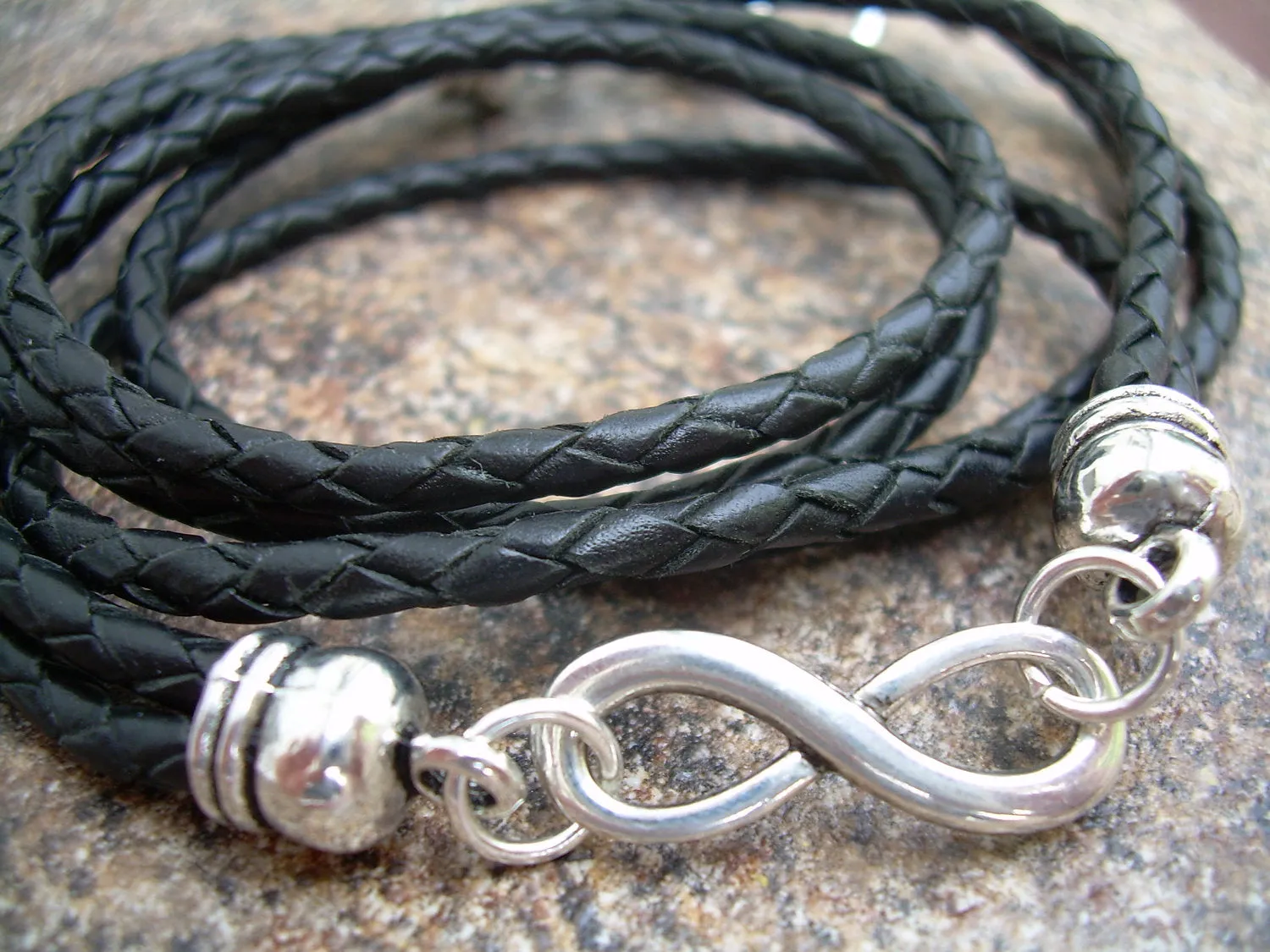 Black Braided Leather Wrap Infinity Bracelet with Nugget Lobster Clasp