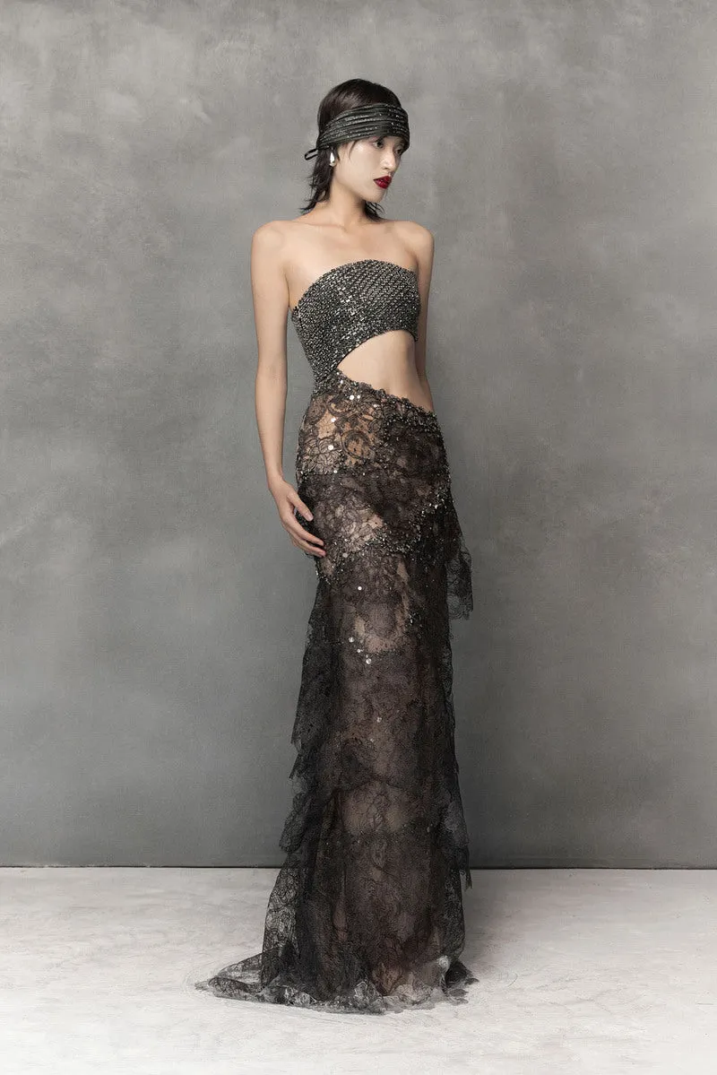 BLACK SHEER LACE SILK DRESS WITH CUT-OUT TOP