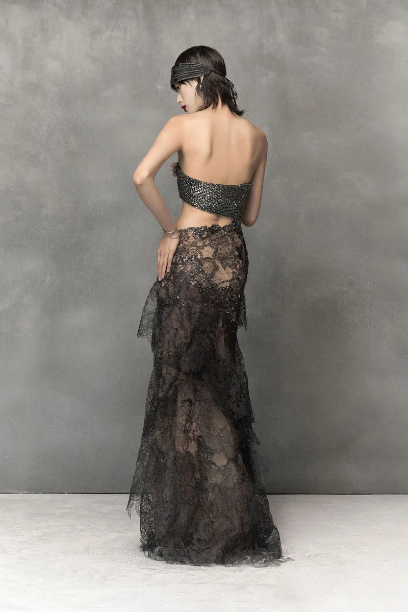 BLACK SHEER LACE SILK DRESS WITH CUT-OUT TOP